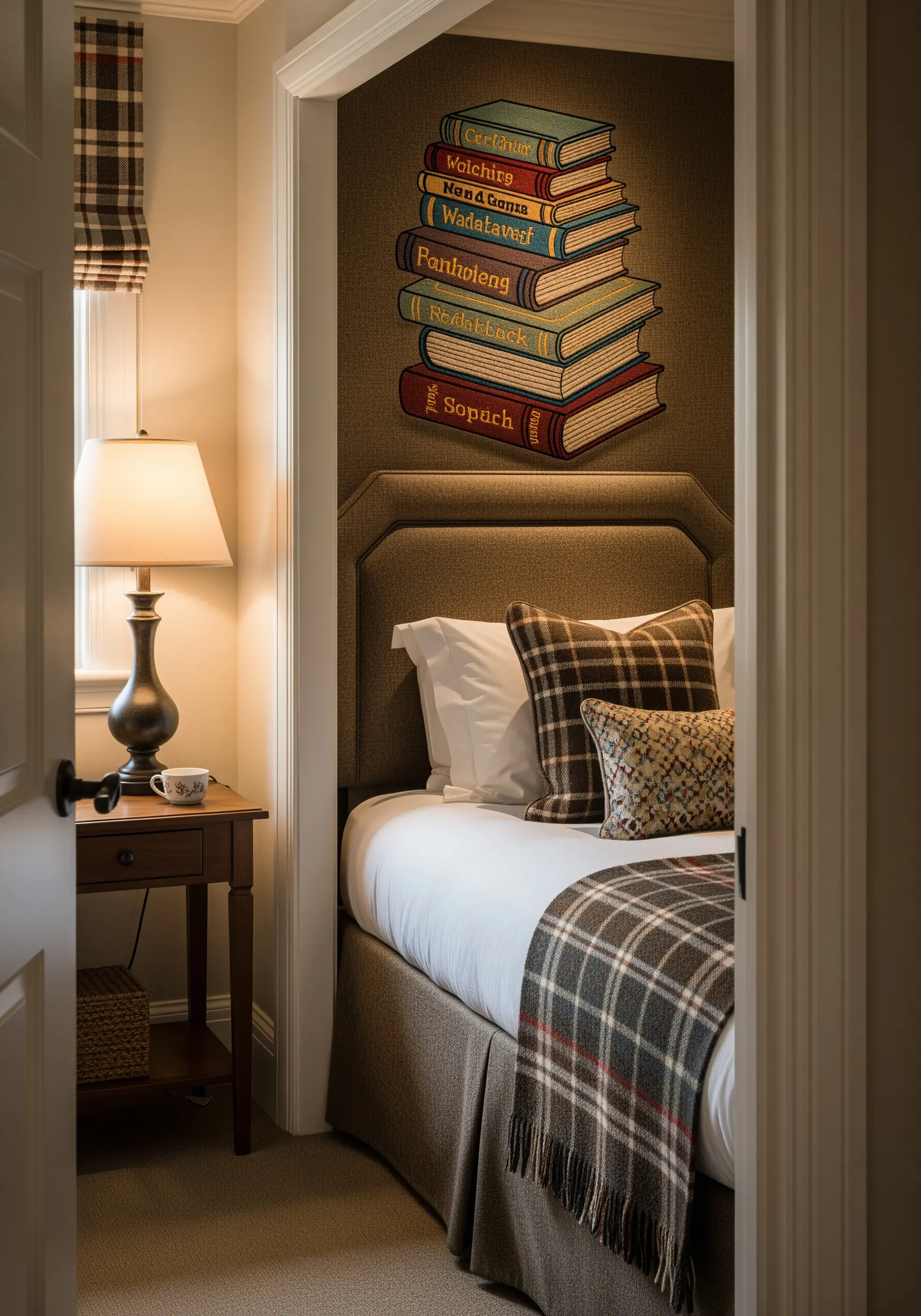 An embroidered illustration of a stack of vintage books on a wall hanging.