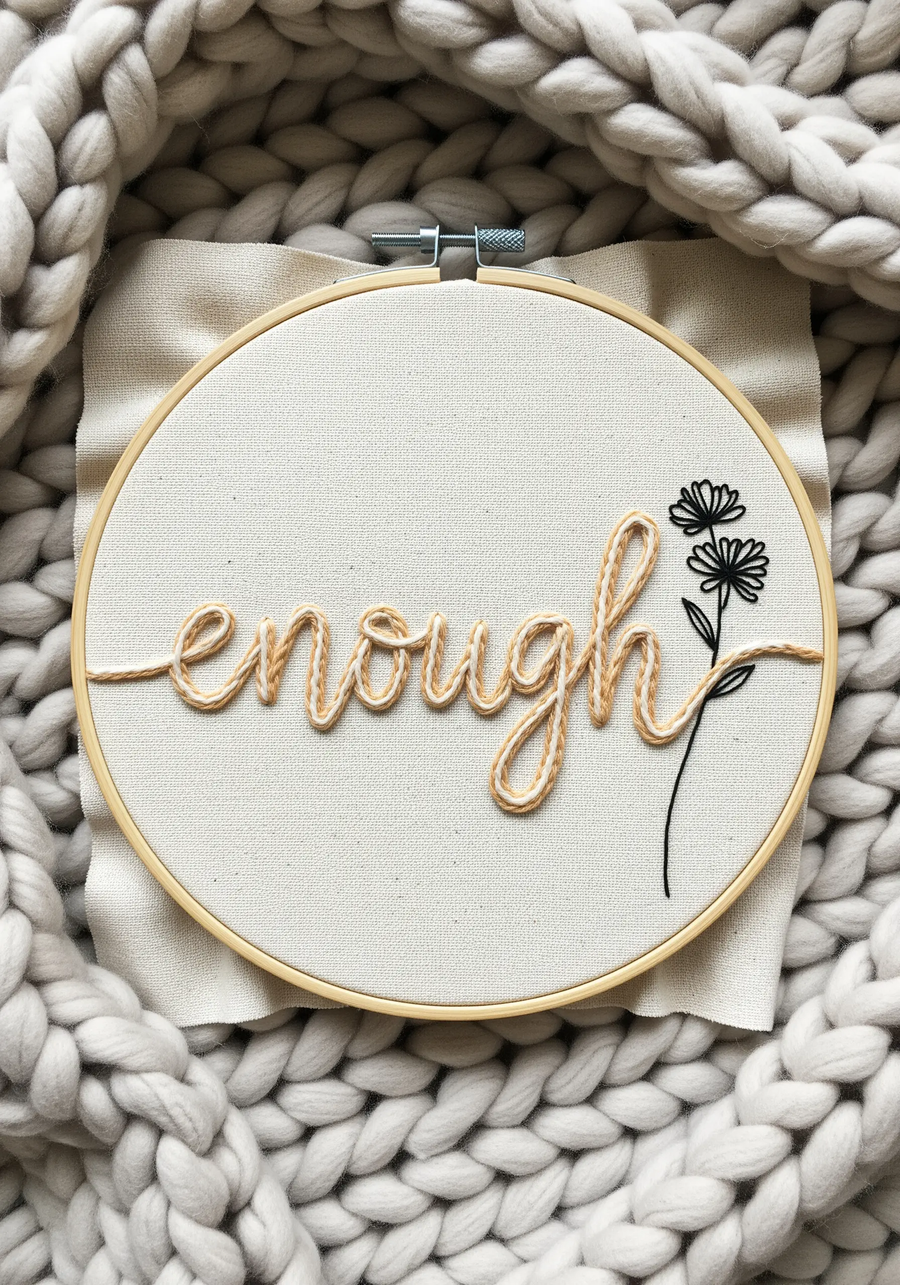 The word 'enough' stitched in thick, couched yarn, next to a simple line art flower.
