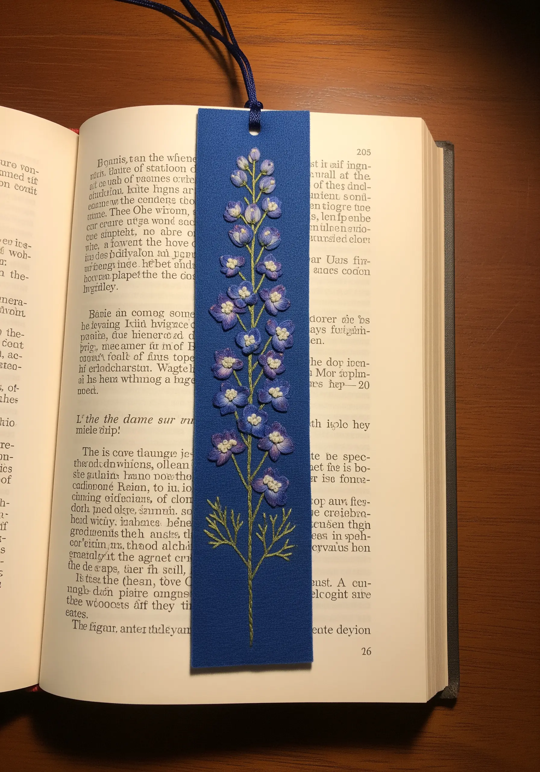 An embroidered bookmark with dimensional blue and purple delphinium flowers.