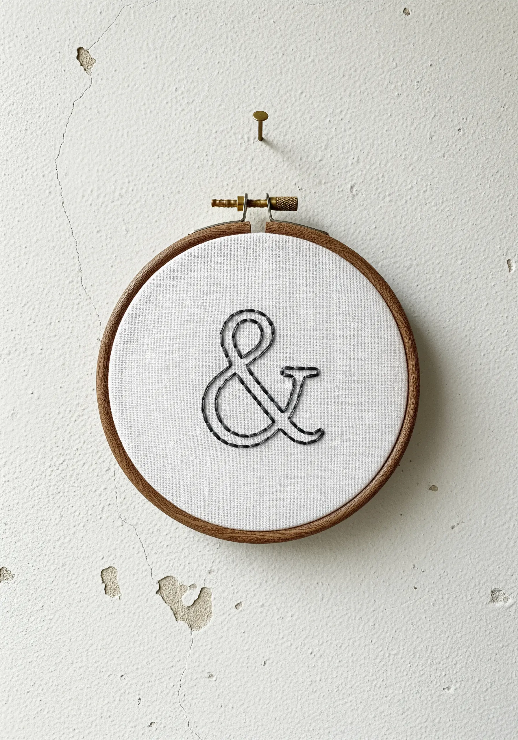 A dark grey ampersand with a raised, padded satin stitch on white linen fabric.