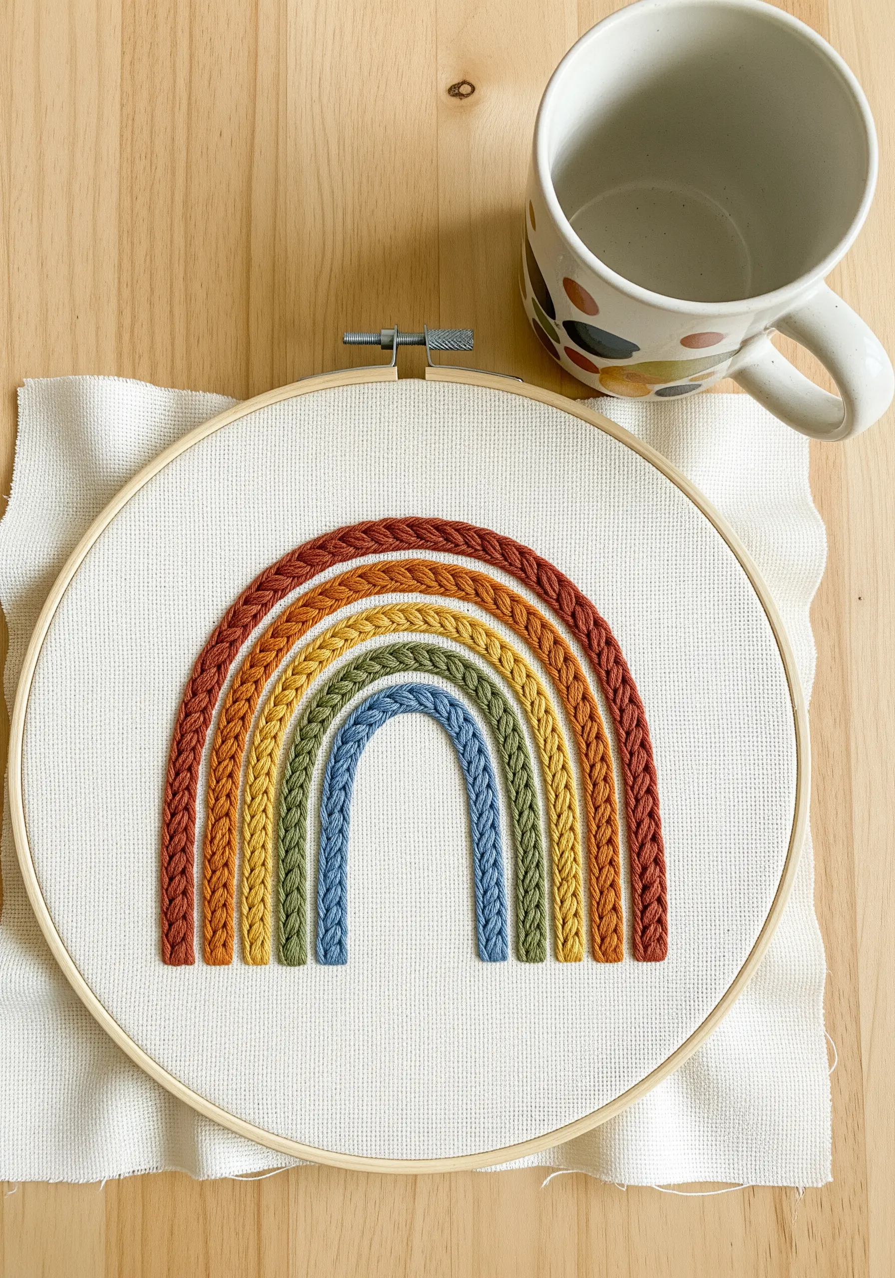 A rainbow embroidered with a thick, textured braided chain stitch in earthy tones.