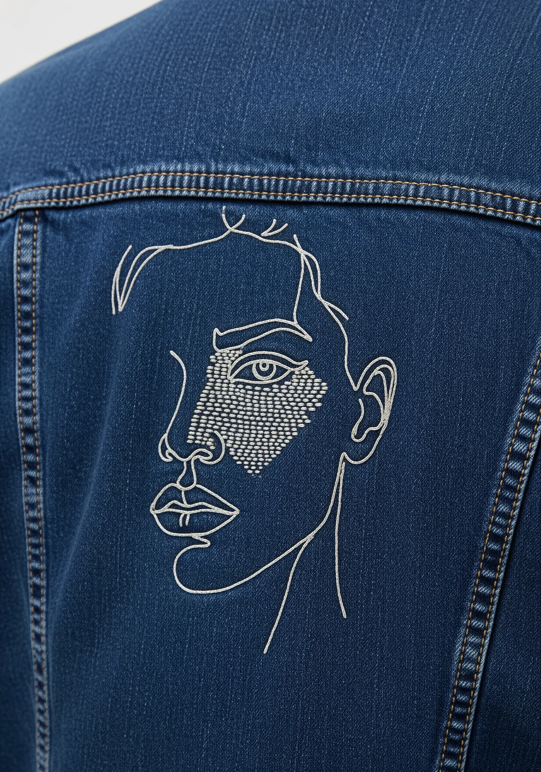 Line-art portrait on dark denim with a patch of dense white seed stitches on the cheek.