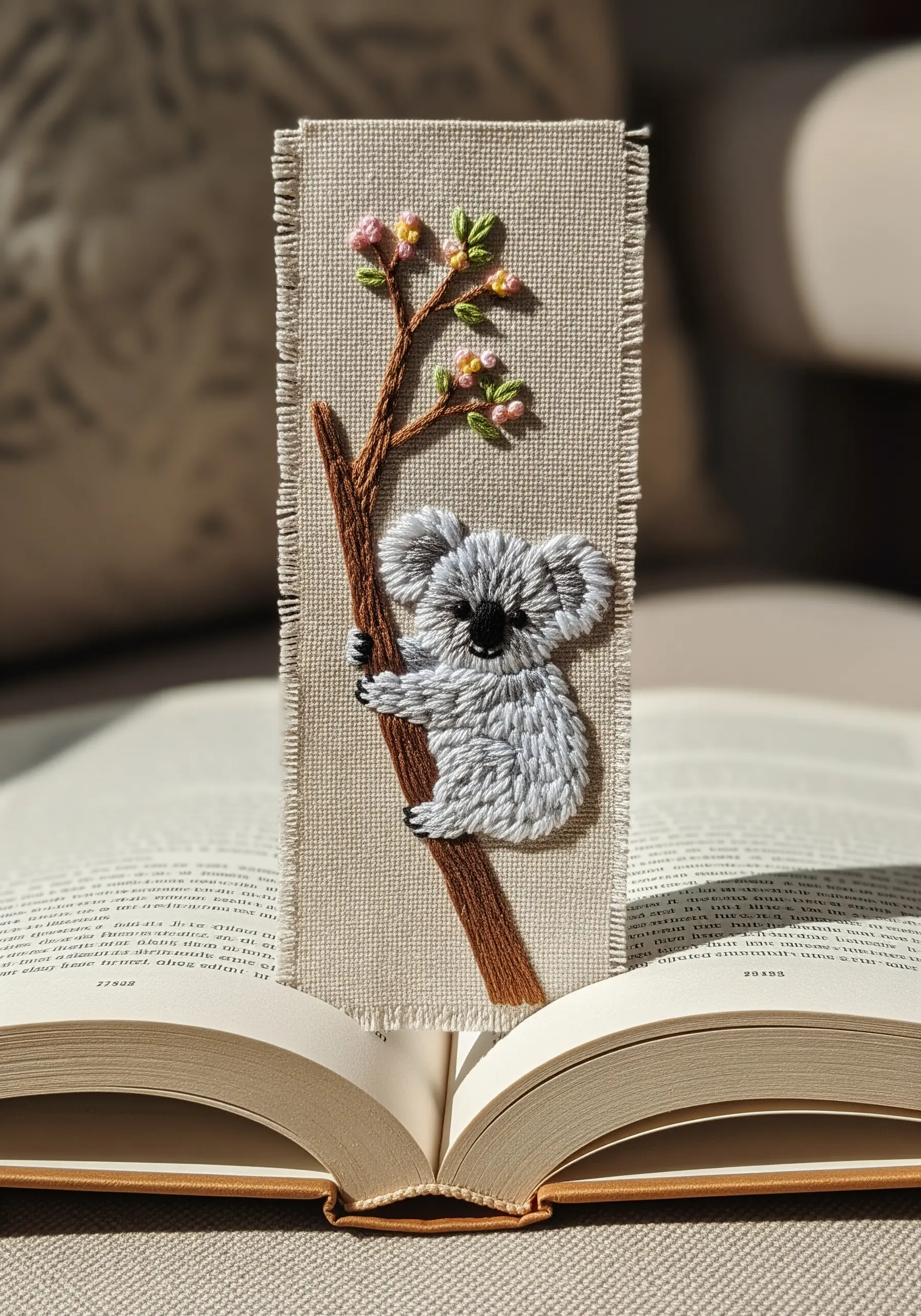 An embroidered bookmark with a textured koala climbing a couched yarn tree branch.