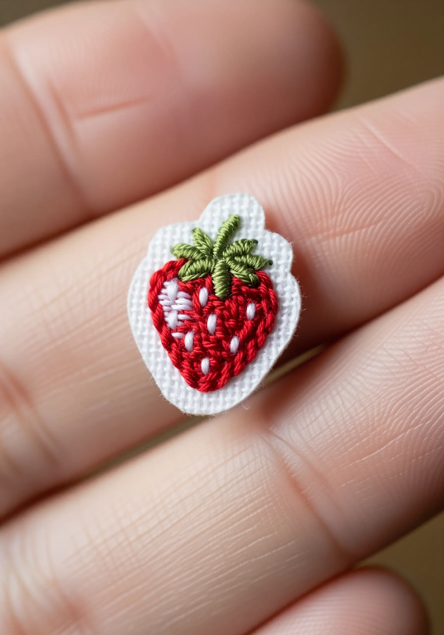 A miniature embroidered strawberry patch held between two fingers, showing detailed satin stitch.