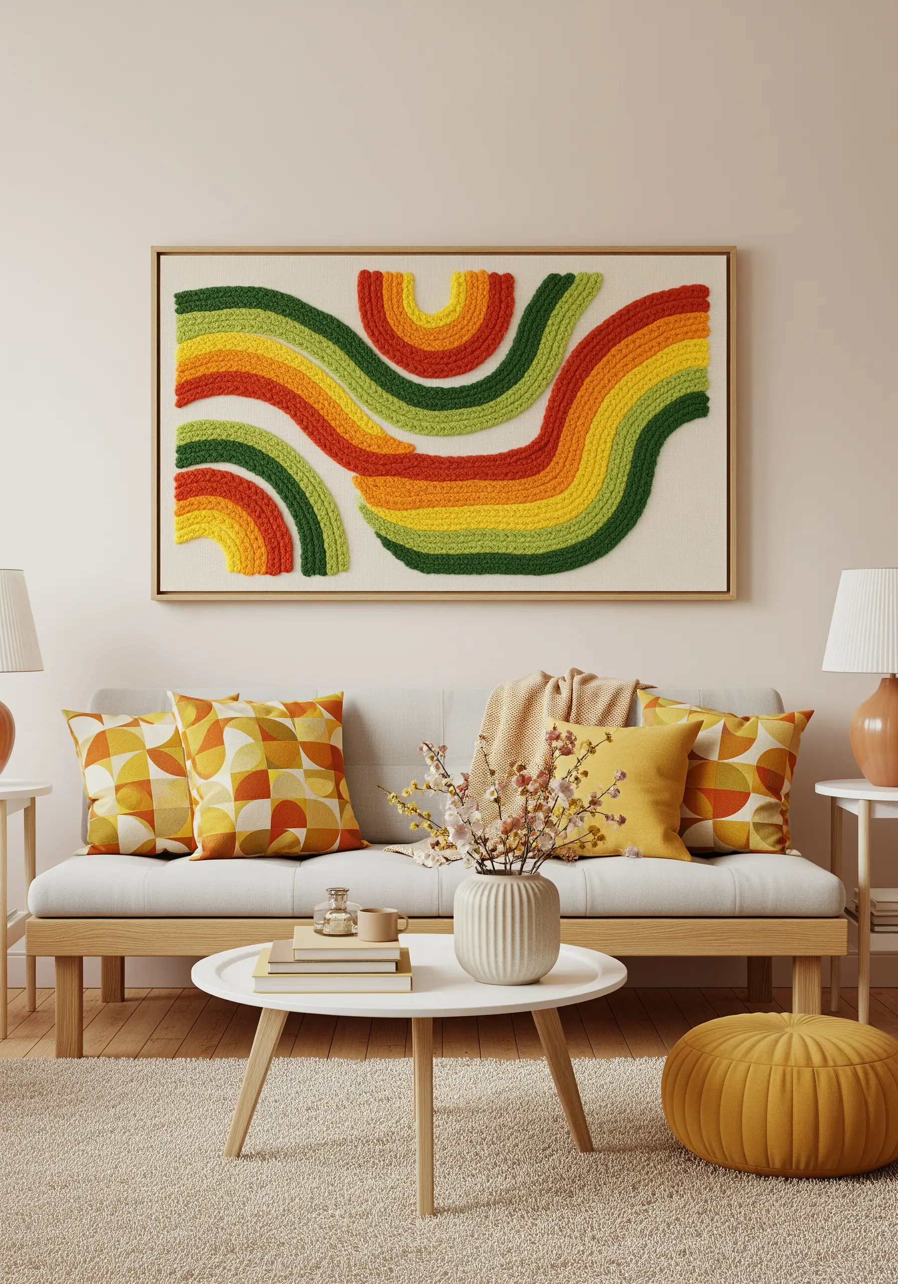 A framed abstract embroidery with thick, wavy, raised lines in retro colors.