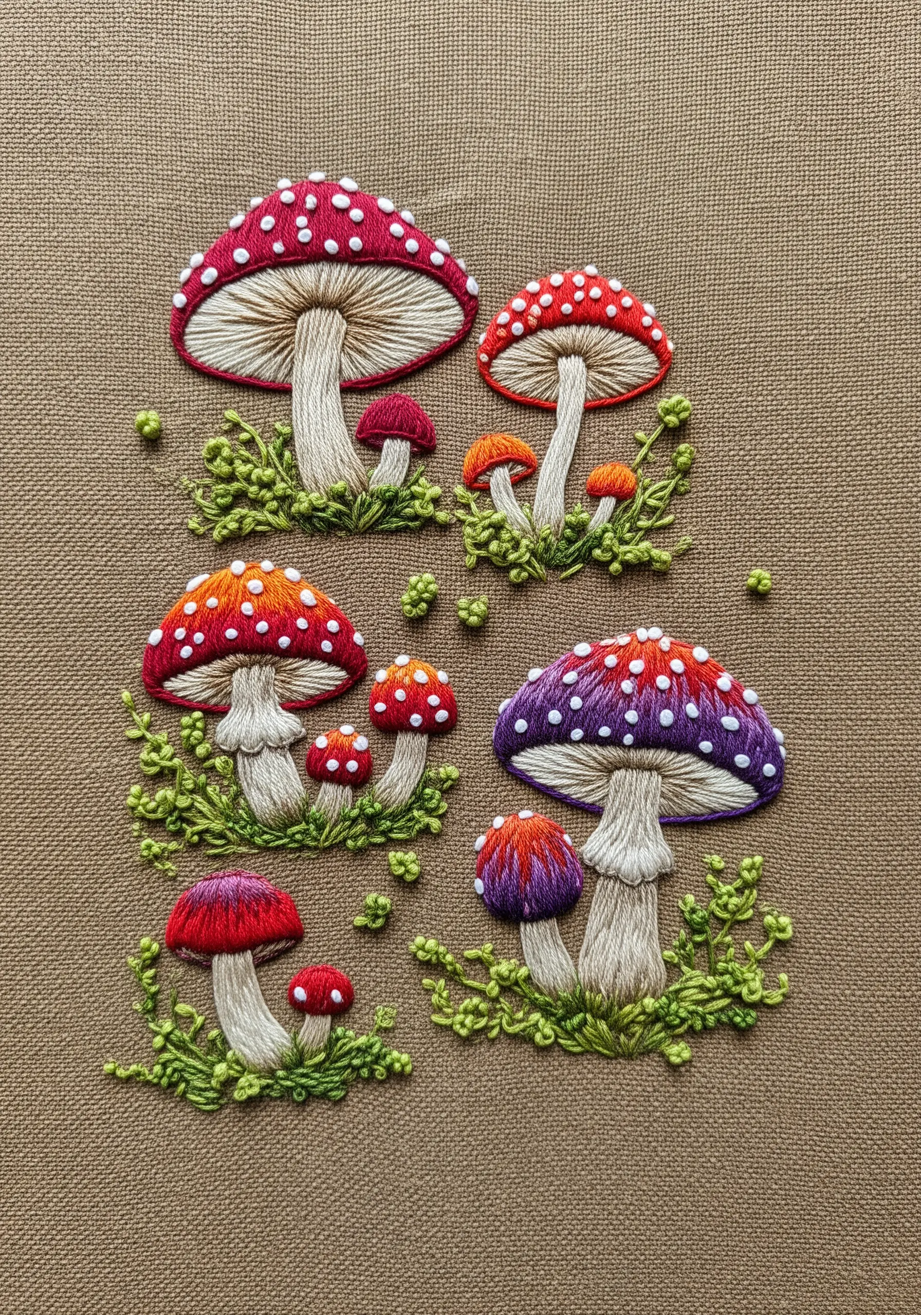 Embroidered toadstool mushrooms with colorful caps and textured moss on brown fabric.