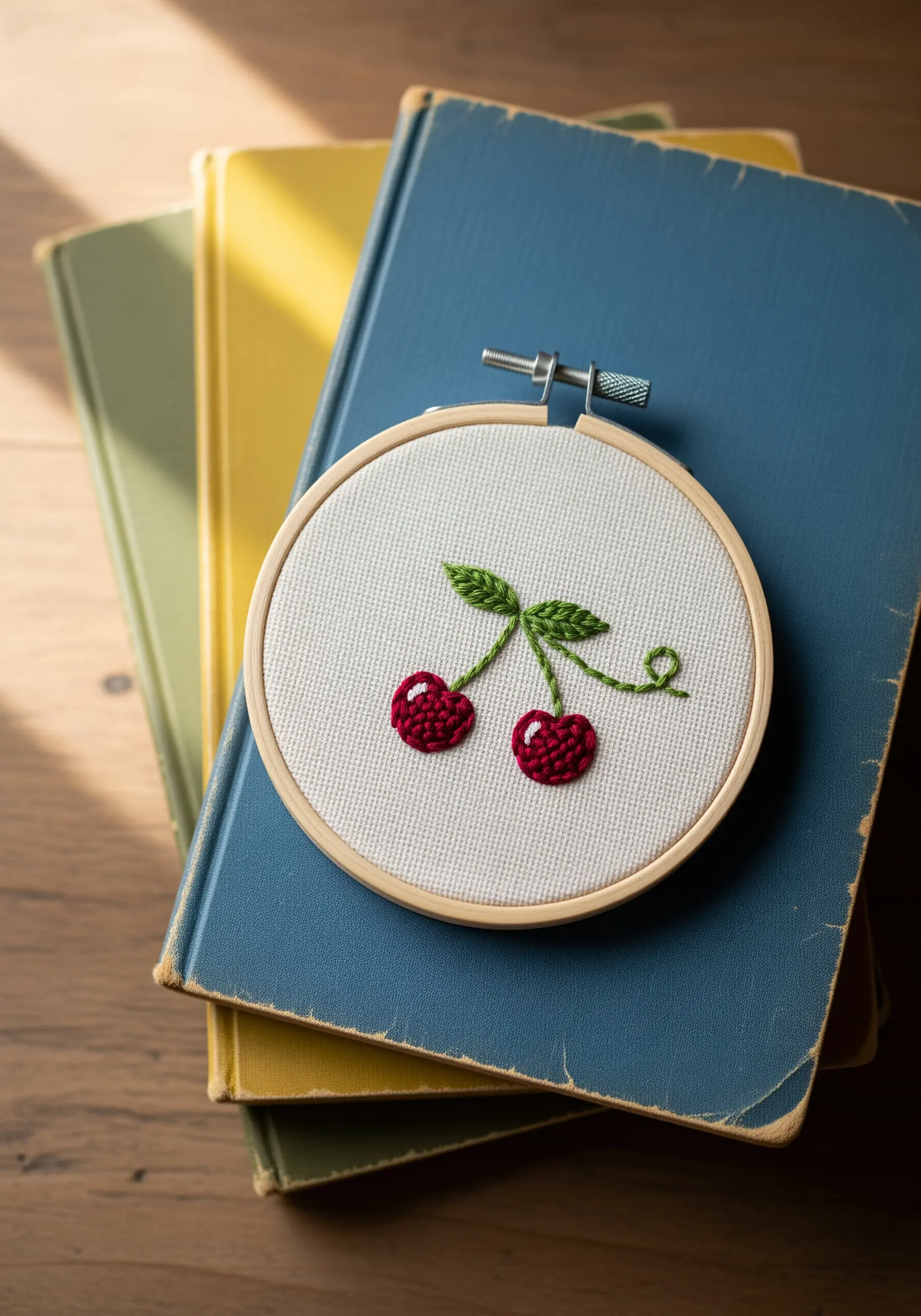 Two red cherries embroidered with padded satin stitch for a 3D effect.