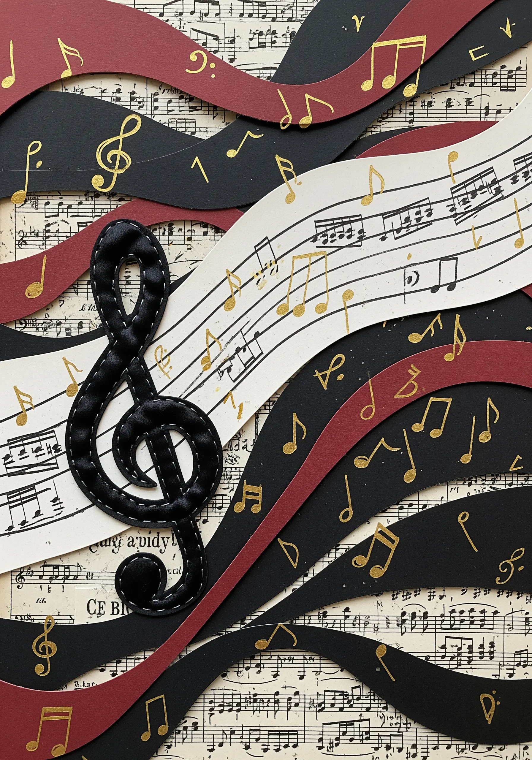 A black G-clef appliqué with a raised, padded satin stitch edge on a background of sheet music.