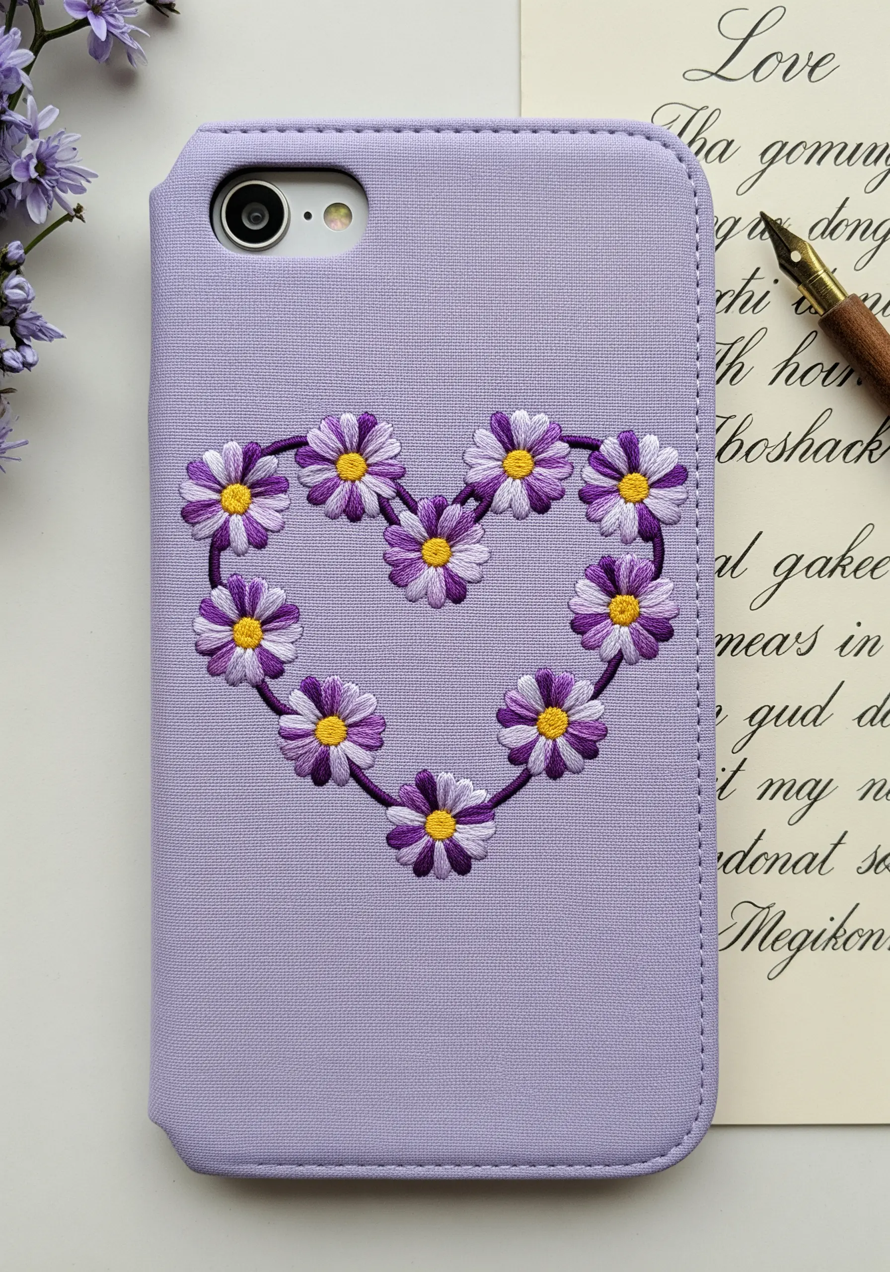 A heart-shaped wreath of daisies with two-toned purple petals on a lavender phone case.