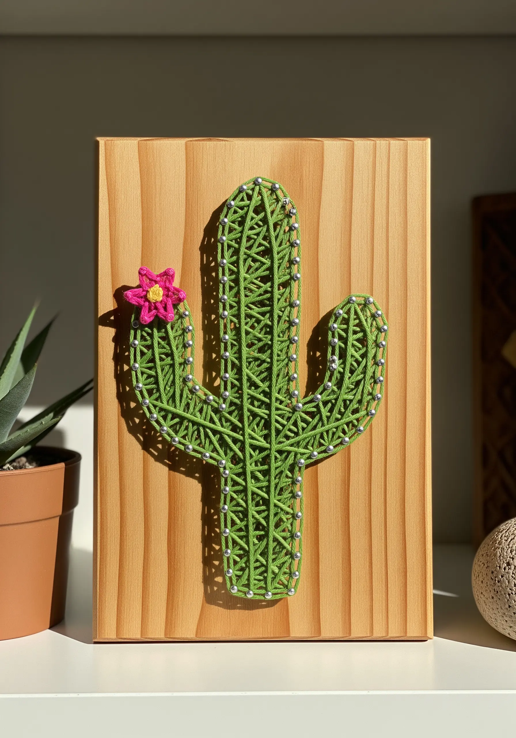 A green cactus embroidered with a vertical chain stitch fill and a pink woven wheel flower.
