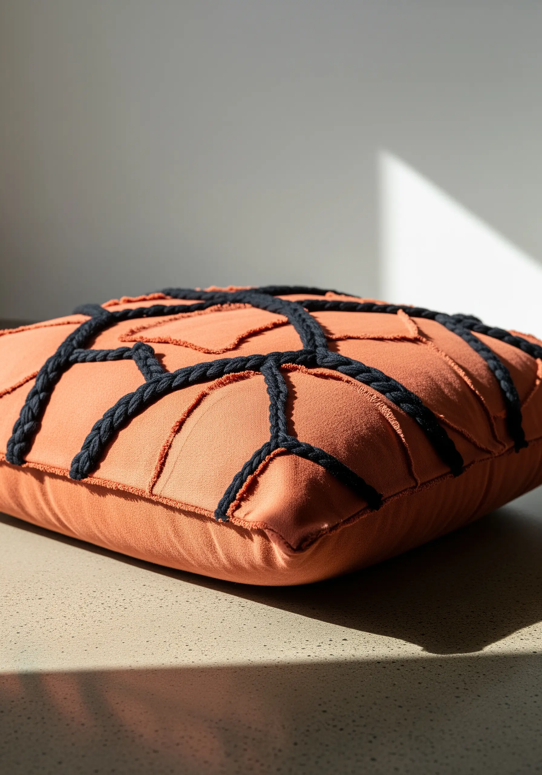 A terracotta-colored pillow with a raised grid pattern made from thick, dark couched cord.