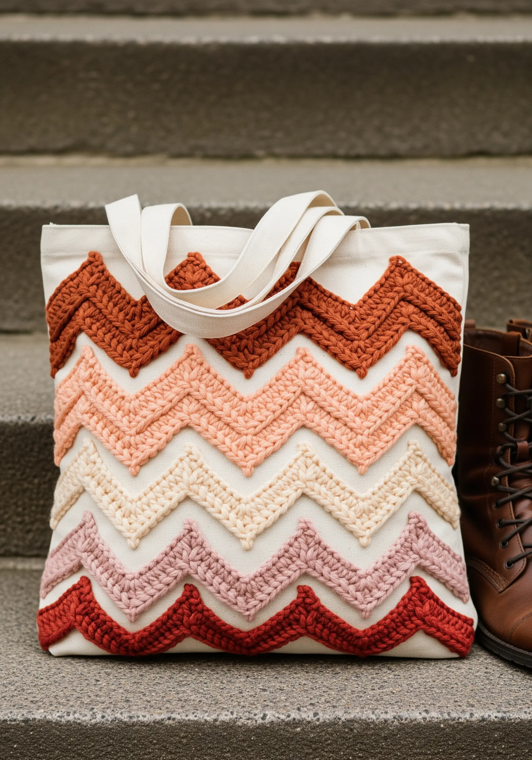 Chunky yarn chevron pattern in earthy tones applied to a canvas tote using surface crochet.