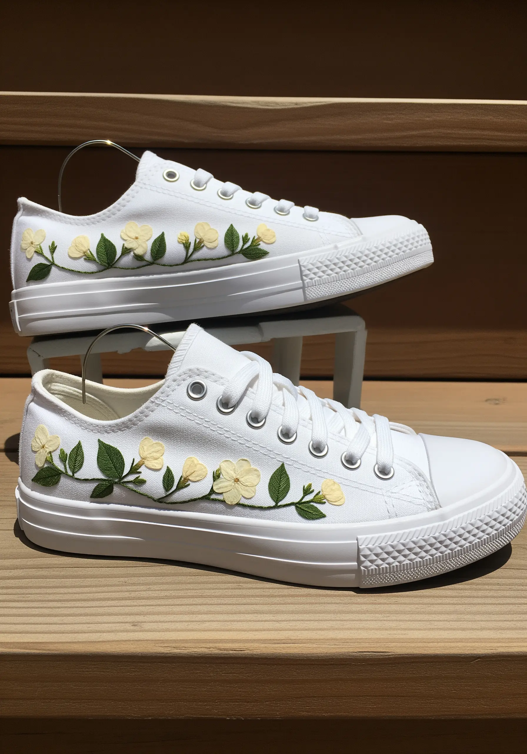 White canvas sneakers embellished with 3D yellow ribbon flowers and embroidered green leaves.
