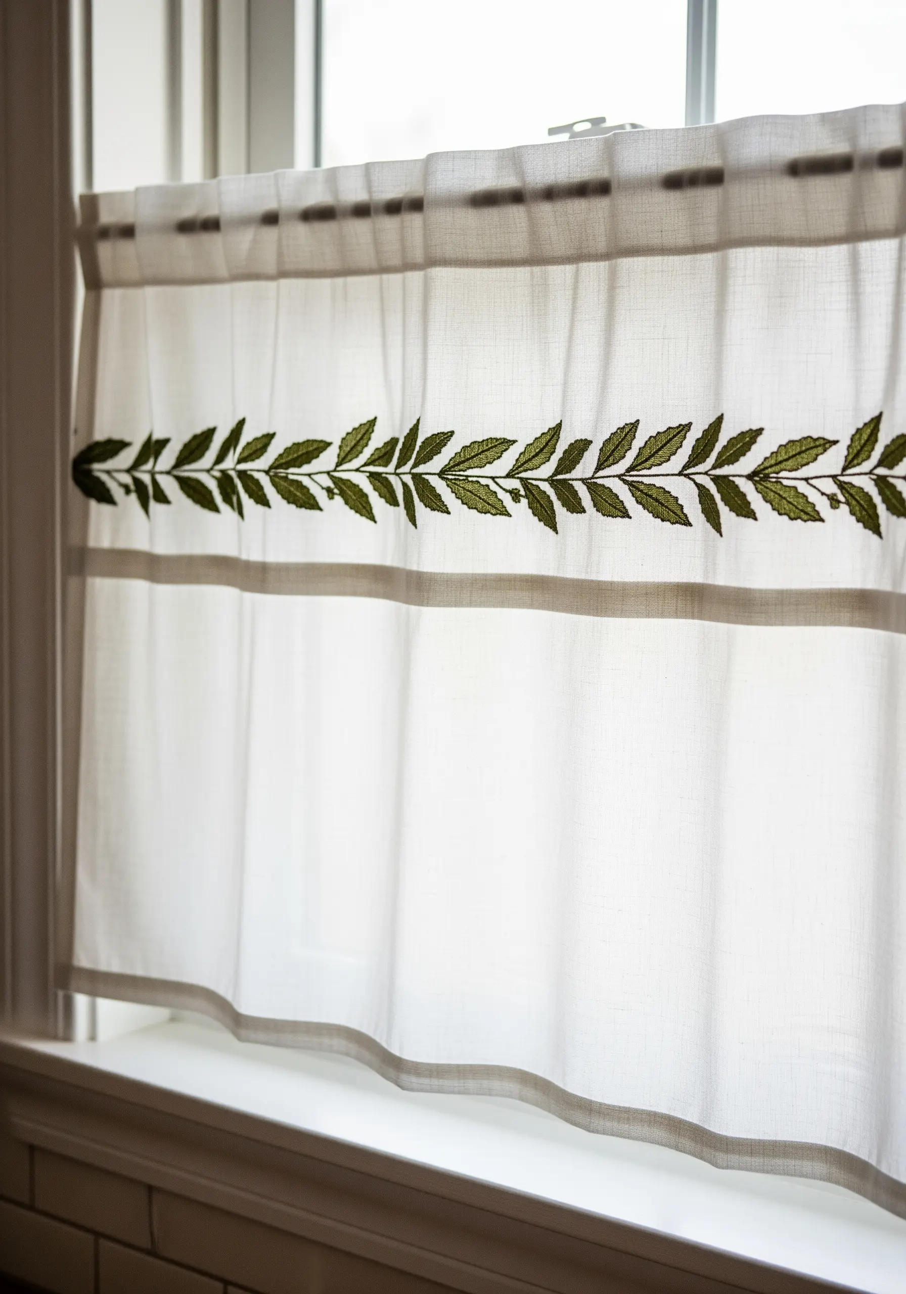 An olive green laurel leaf border embroidered across the middle of a white cafe curtain.