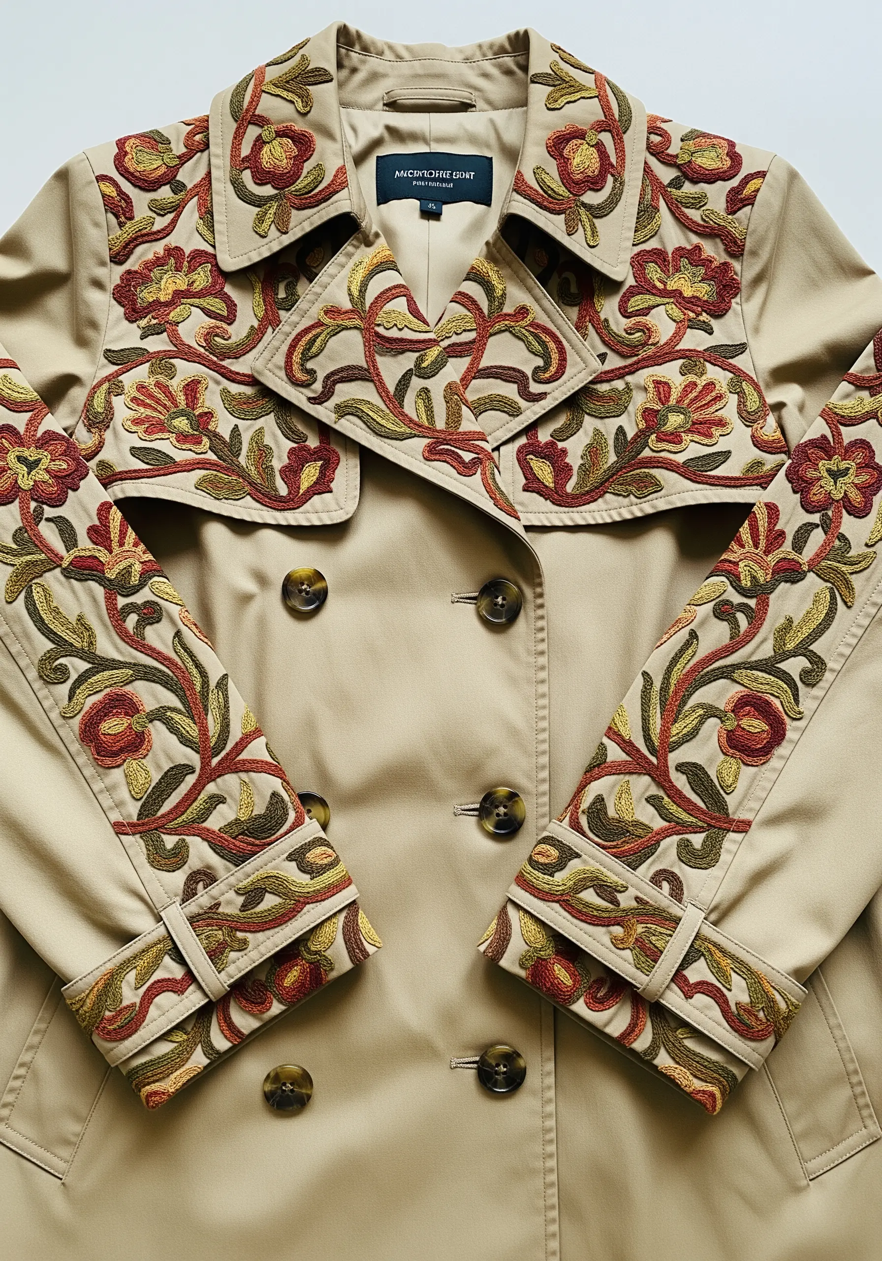 Flowing vine and floral embroidery in autumnal colors on the collar and sleeves of a beige trench coat.