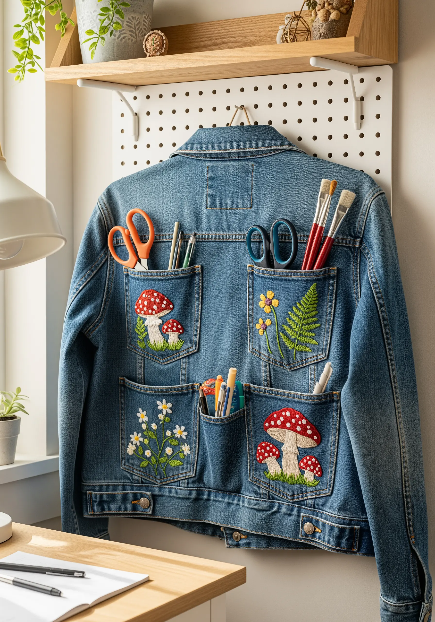 A denim jacket with mushrooms and wildflowers embroidered on the back pockets.