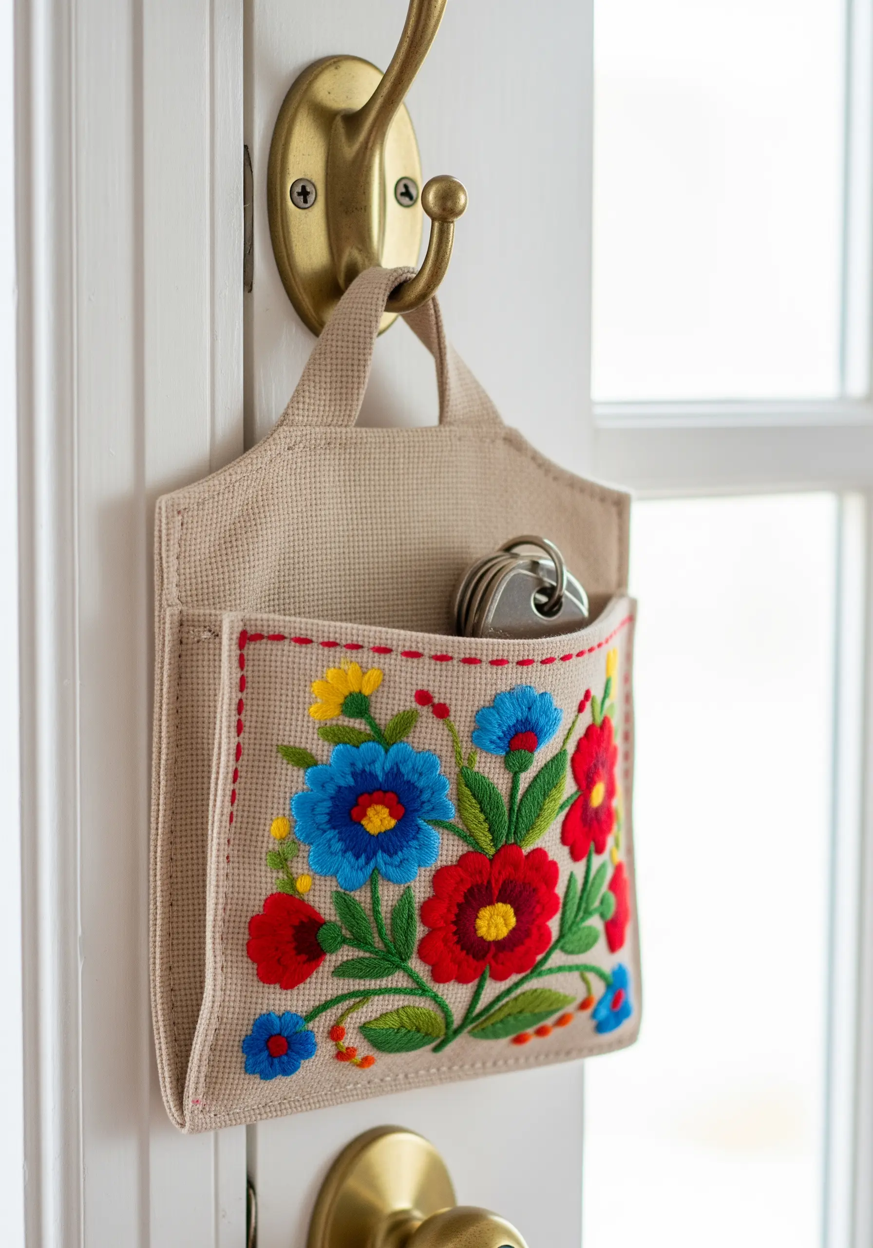 A small hanging pocket with colorful floral embroidery, holding a set of keys.