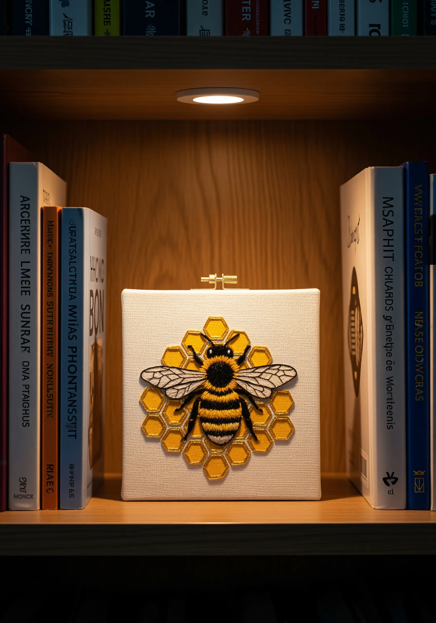 A detailed embroidery of a fuzzy bumblebee on a honeycomb, stitched onto a clutch purse.