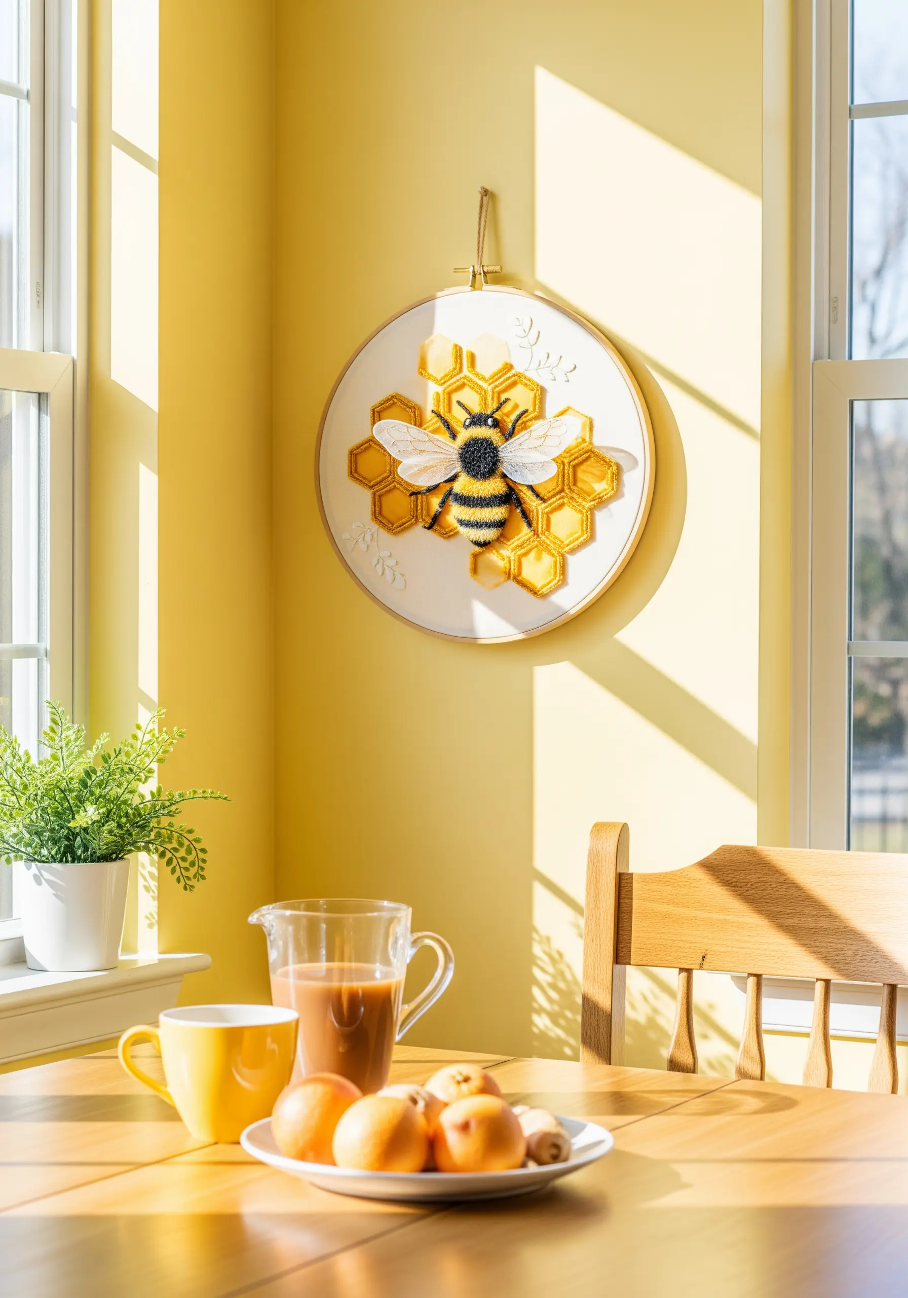 Embroidery hoop with a 3D bee on a honeycomb background; the bee has fuzzy texture