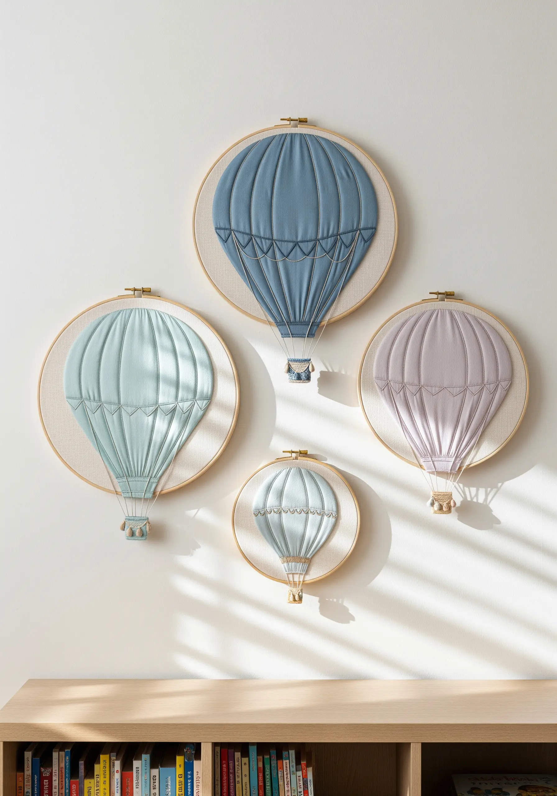 3D embroidered hot air balloons with padded appliqué details in pastel colors.