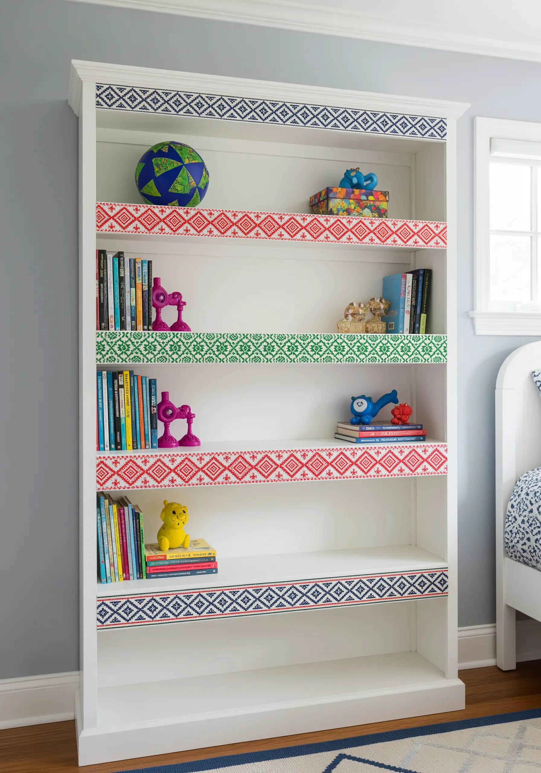 The edges of a white bookshelf are decorated with colorful, geometric embroidered fabric strips.