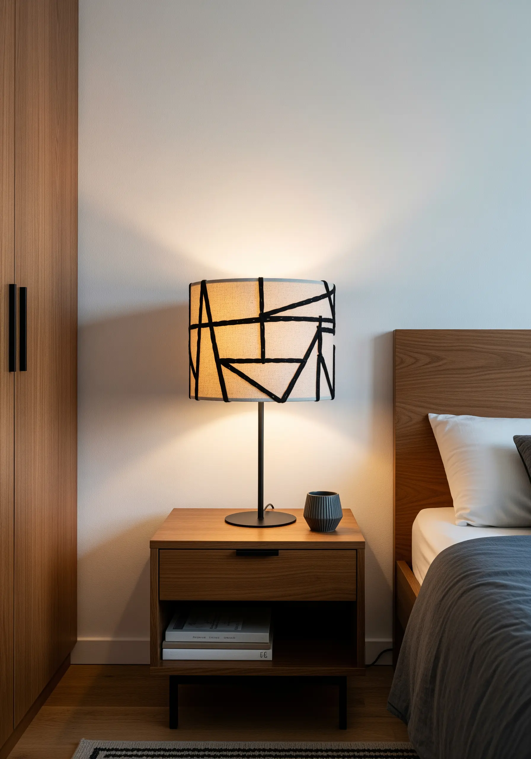 Linen lampshade embellished with bold, abstract black embroidered lines.