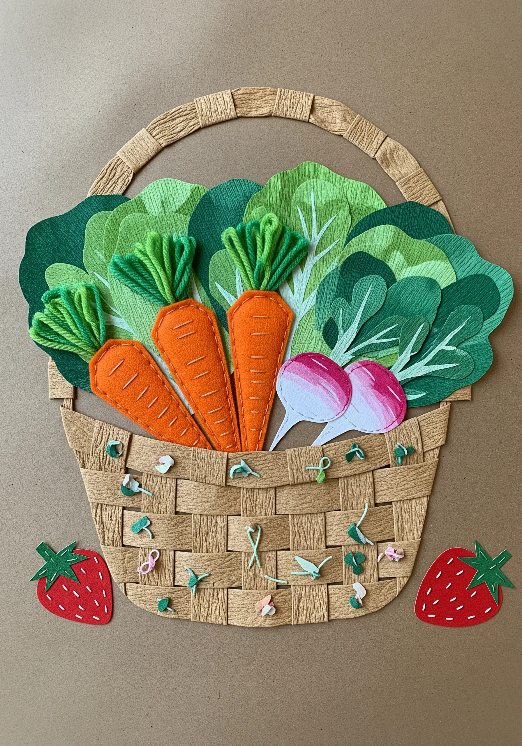 Collage of a basket of vegetables made from paper and felt, with stitched details on the carrots.