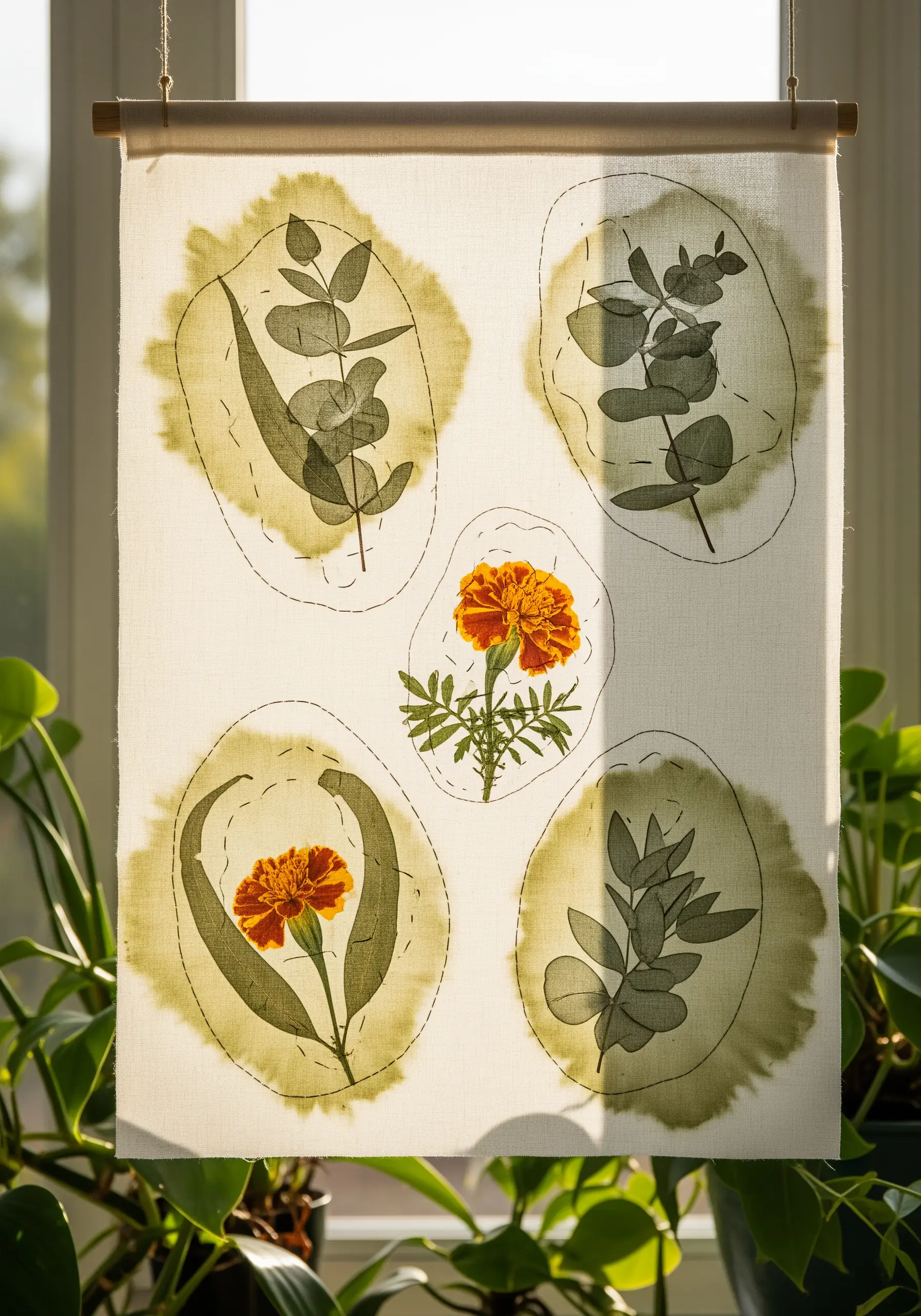 A botanical eco-print on fabric, with leaves and flowers outlined with simple hand stitching.