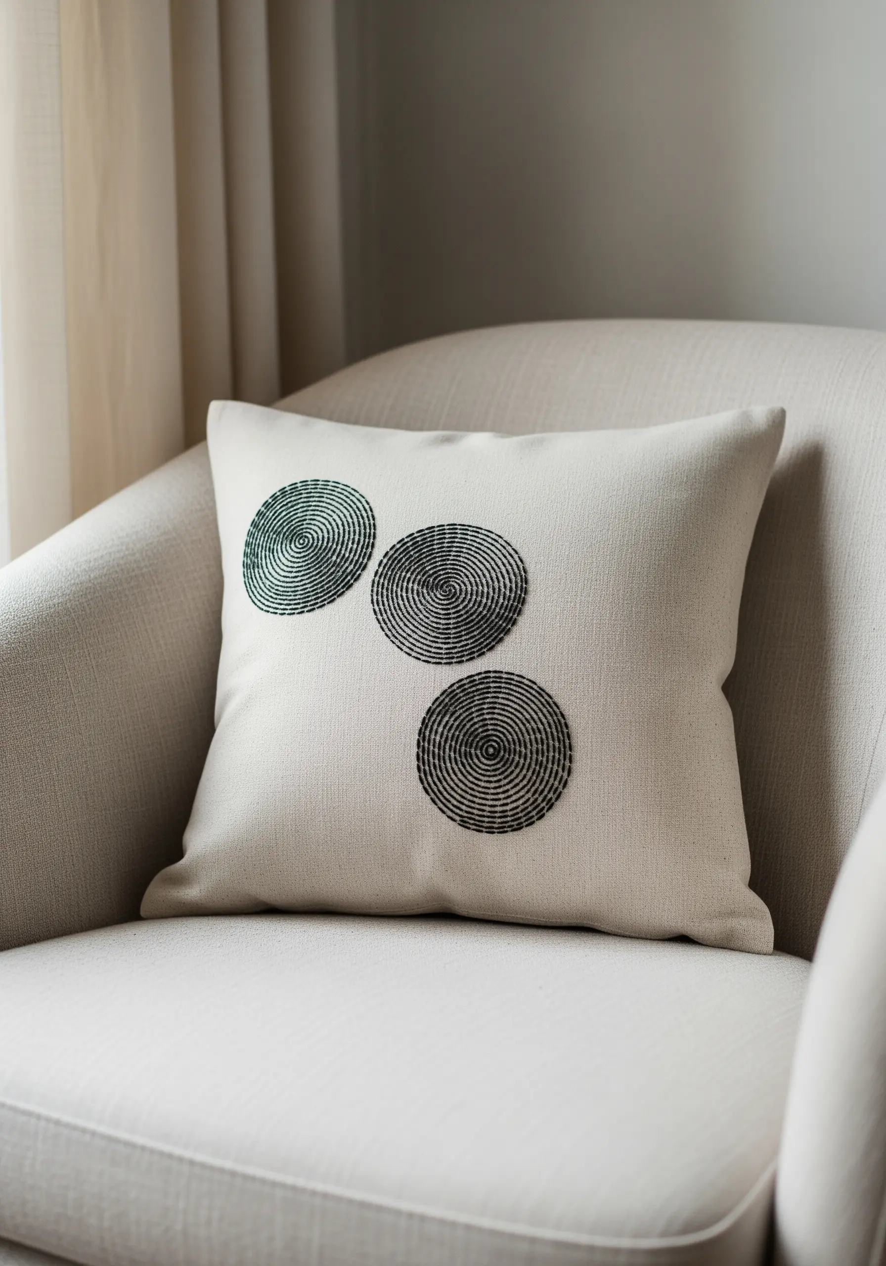 An off-white cushion with three spiraling black backstitch circles embroidered on it.