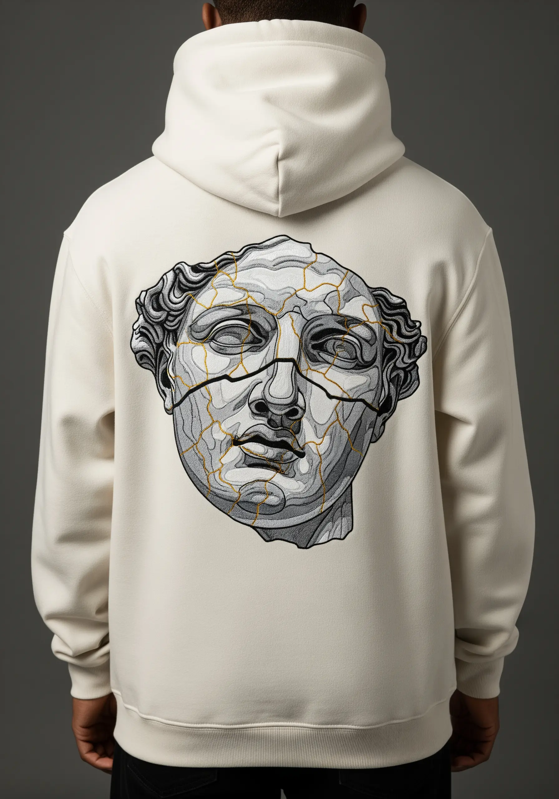 A fractured Greek statue head embroidered on a cream hoodie with gold thread filling the cracks.