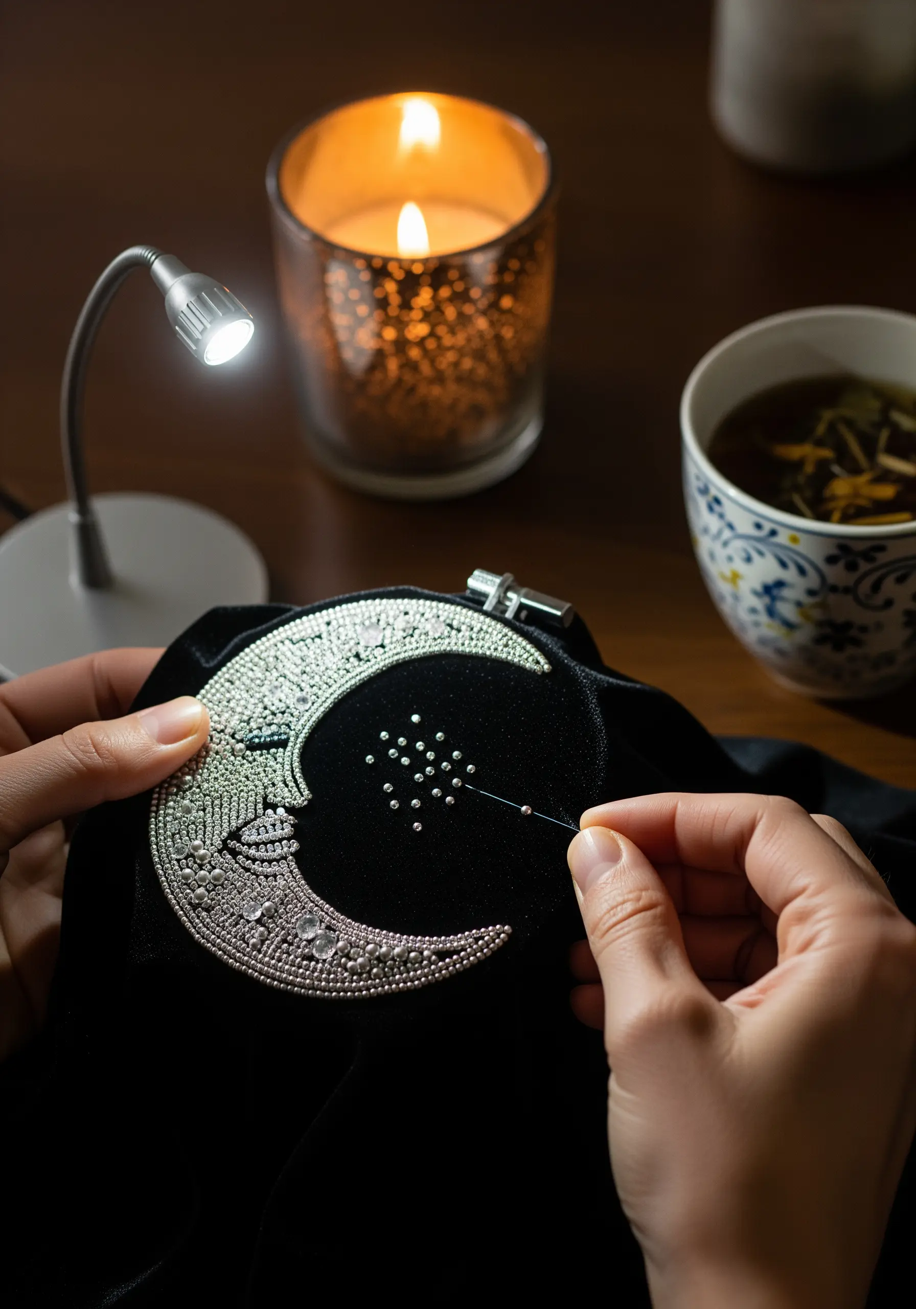 A crescent moon design being embroidered with silver beads onto black velvet fabric.