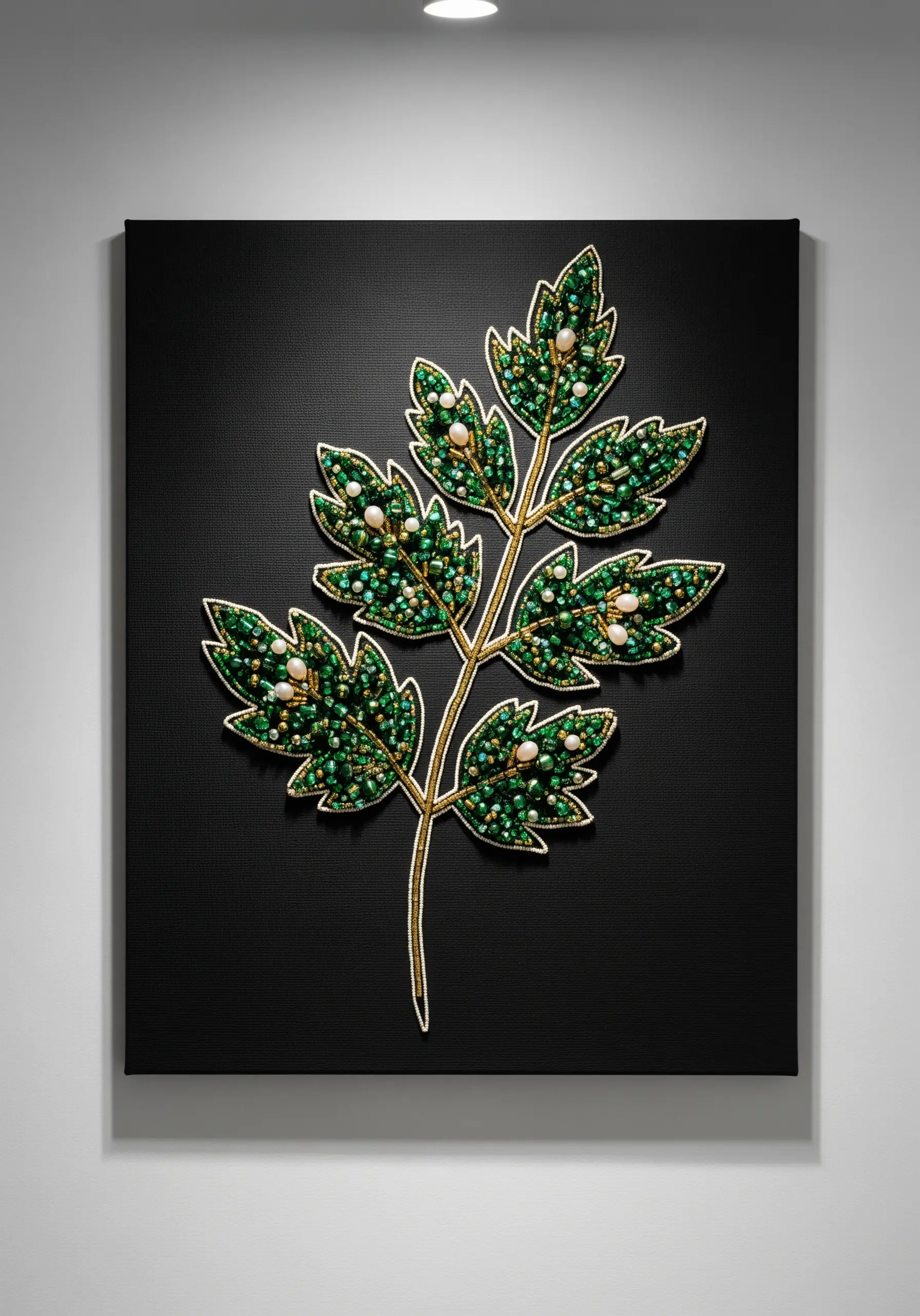A single leaf motif on black canvas, intricately embellished with green beads and pearls.
