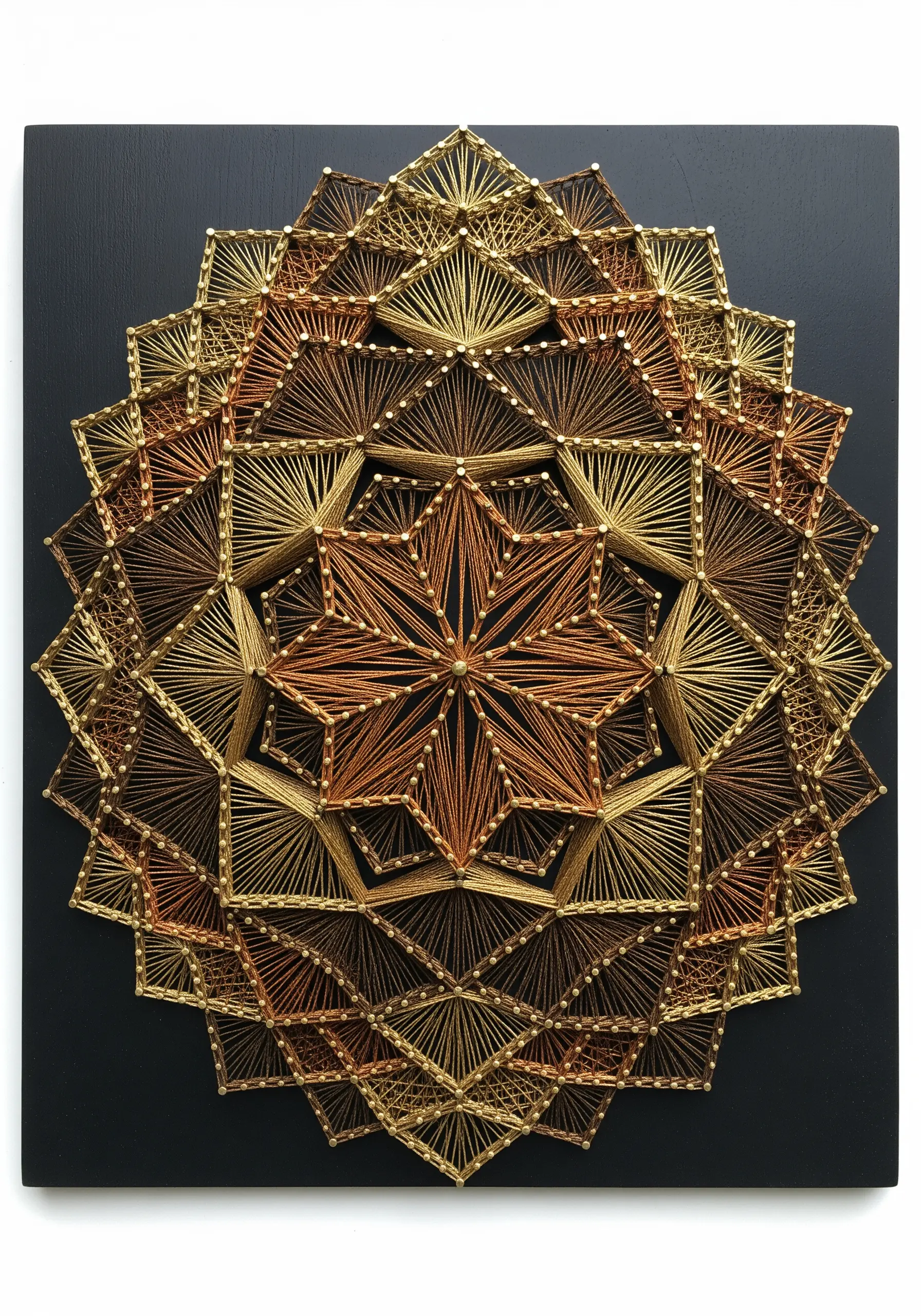 A complex geometric mandala made with gold, bronze, and copper string art on a black background.
