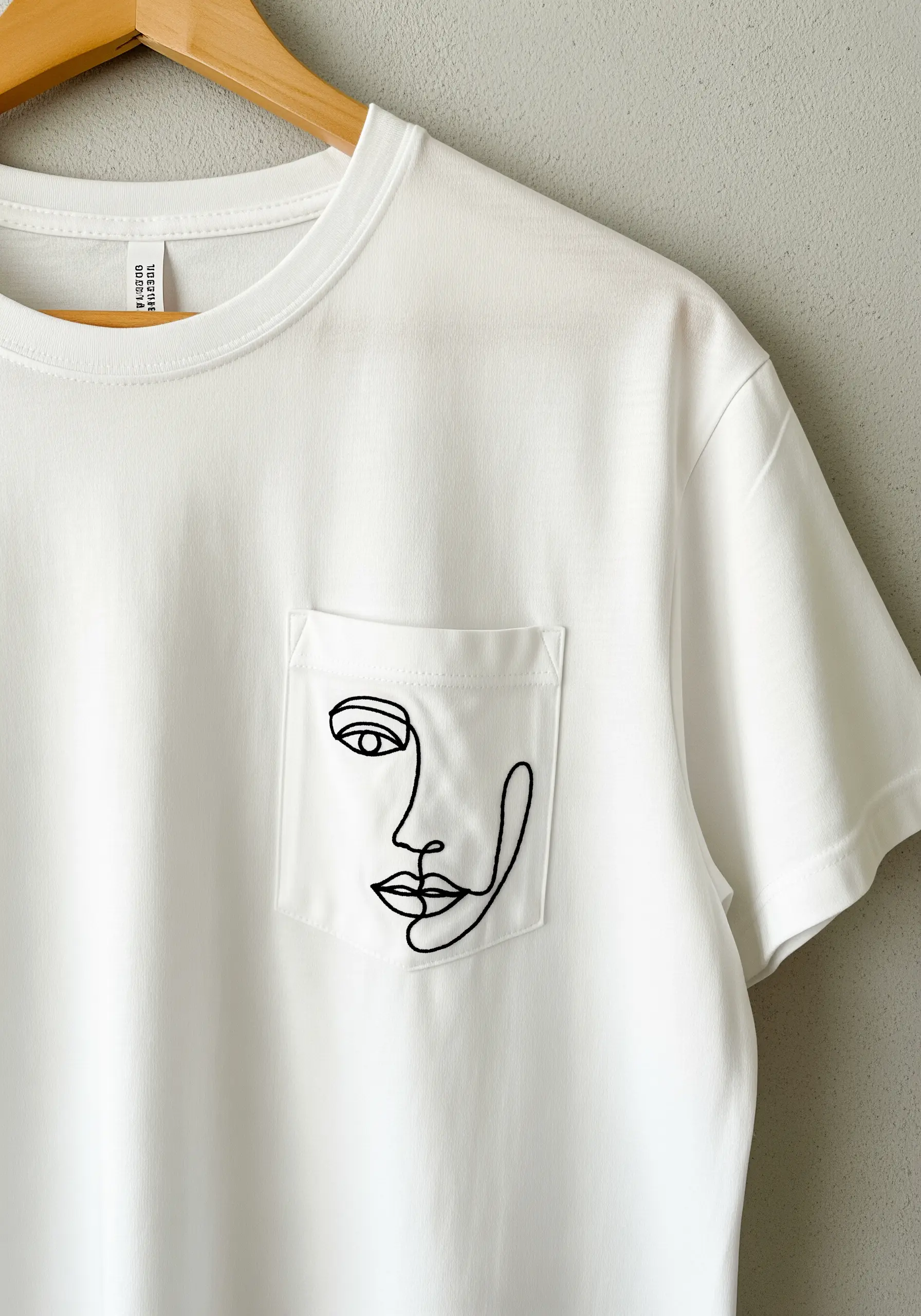 A single-line abstract face embroidered on the pocket of a white t-shirt.