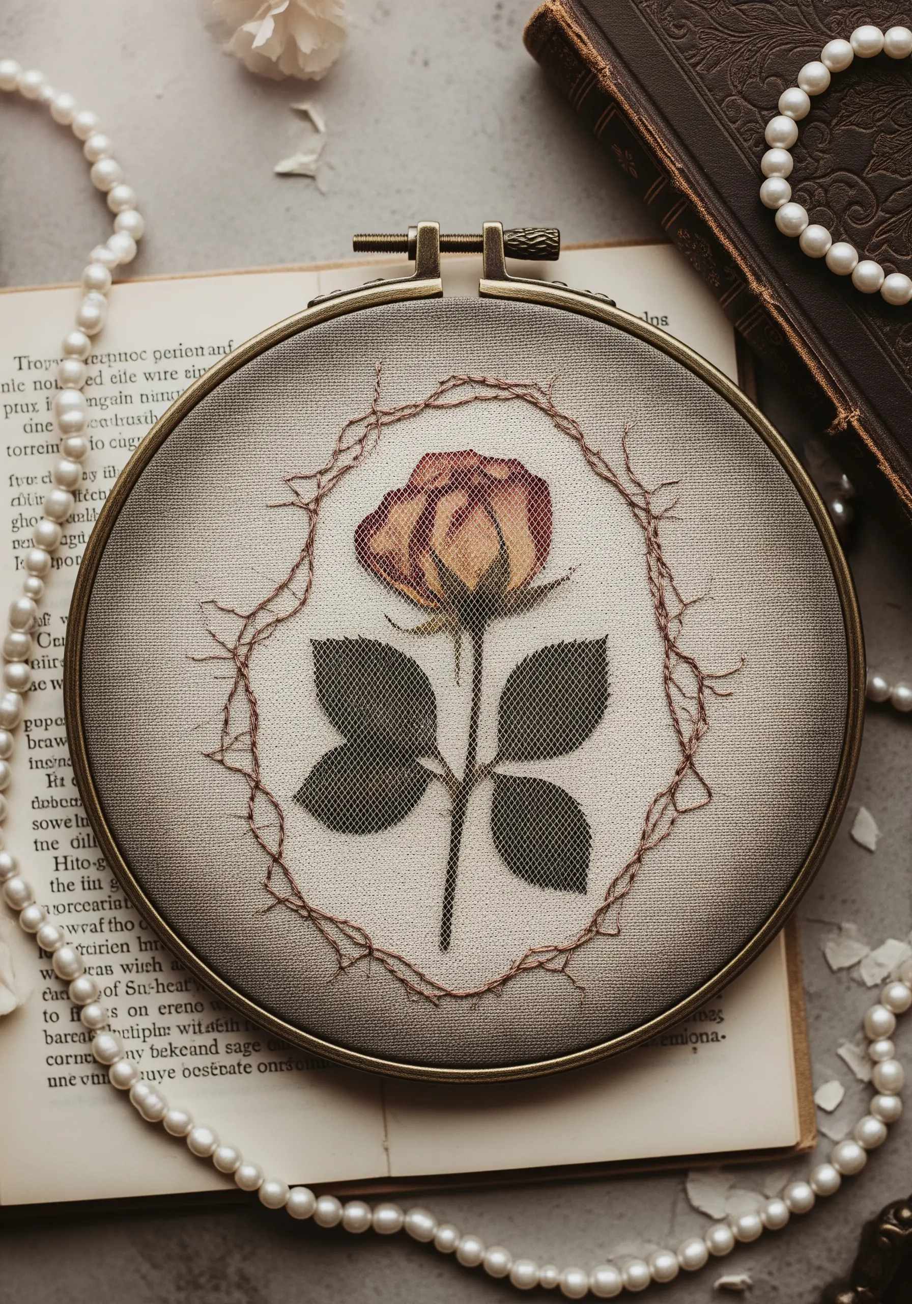 A single pressed vintage rose framed by an abstract border of thorny, overlapping brown stitches.