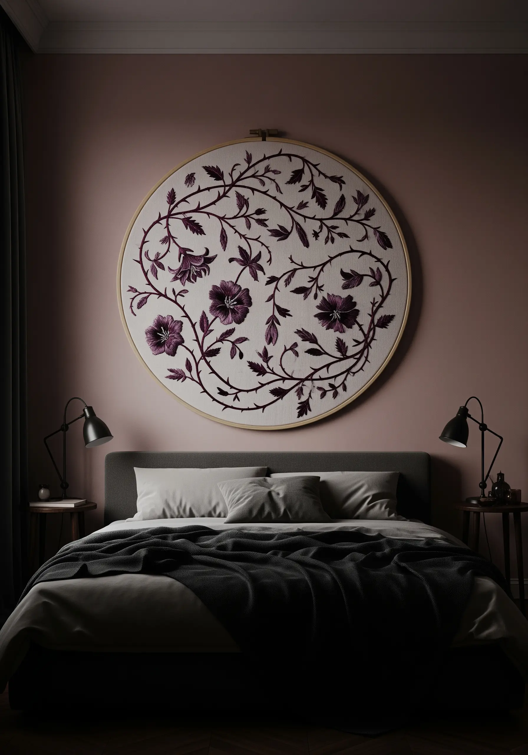 Oversized embroidery hoop with dark purple and black floral vines above a bed.