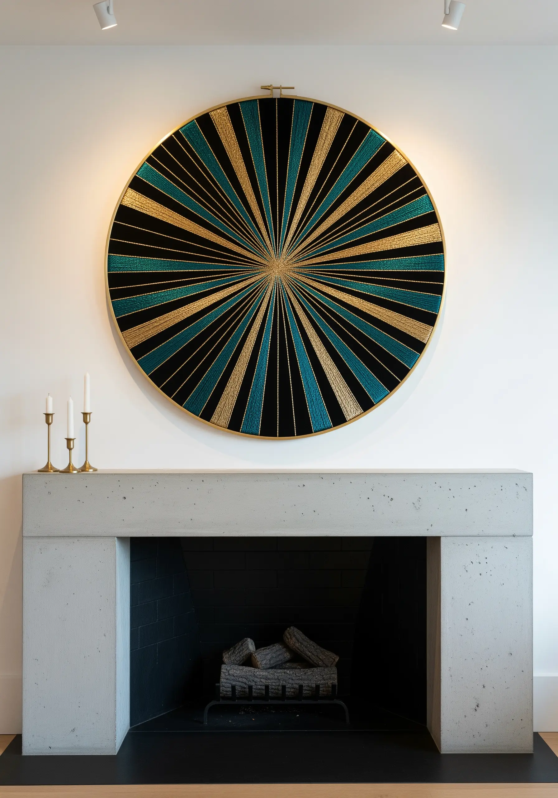 A large, round embroidery hoop with a metallic gold and teal sunburst pattern over a fireplace.