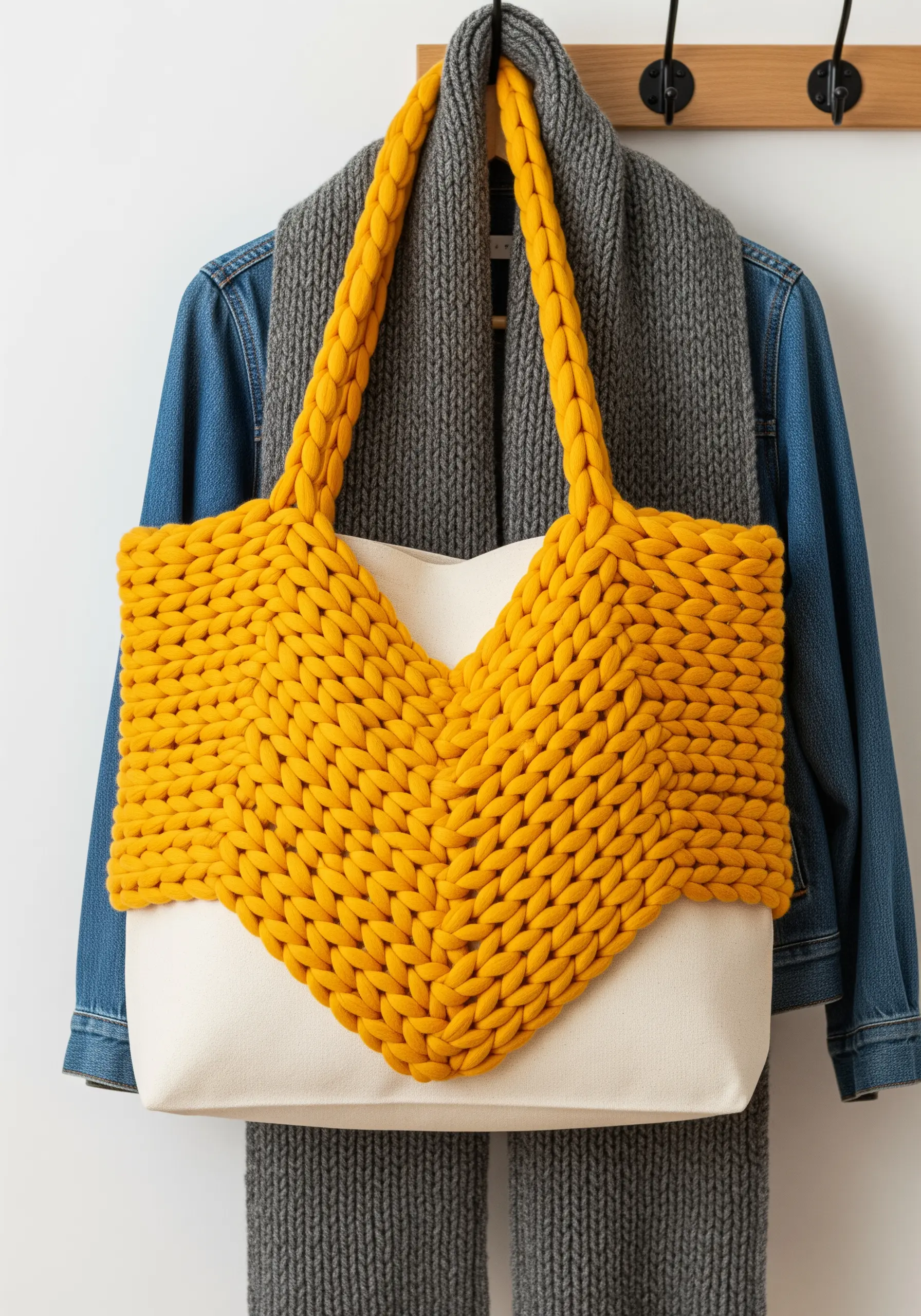 A canvas tote bag with a large, chunky yellow knitted V-shape panel attached to the front.
