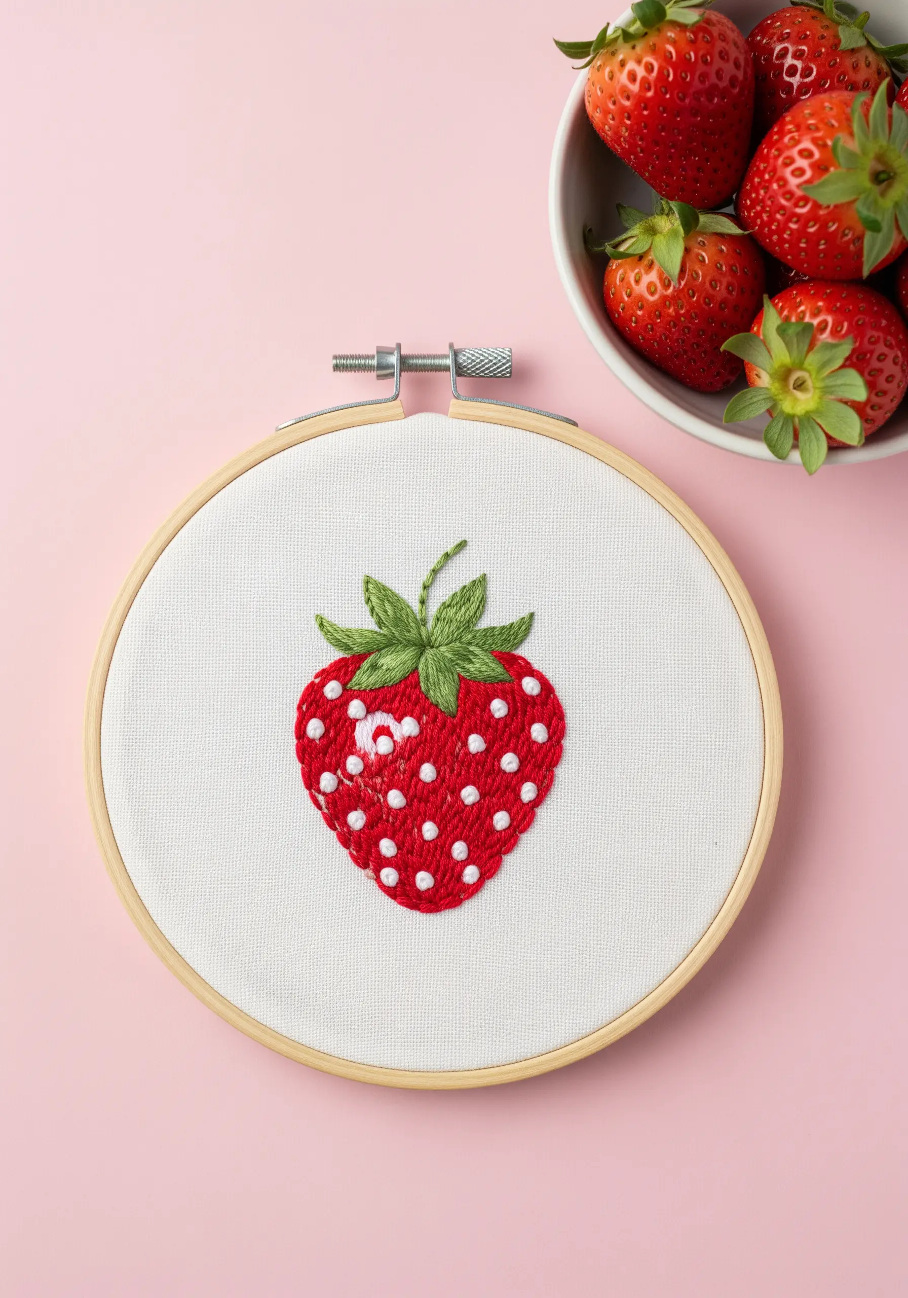 A bright red embroidered strawberry with white French knot seeds for texture