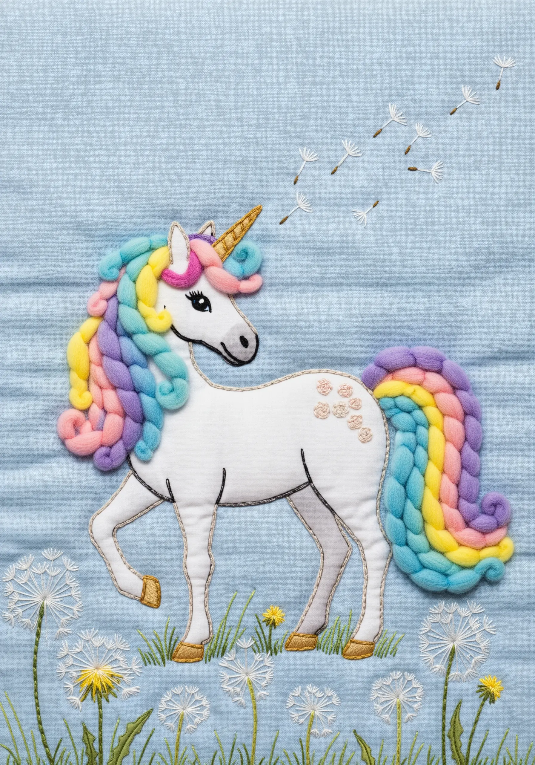Appliqué unicorn with a chunky, rainbow-colored yarn mane secured with couching.