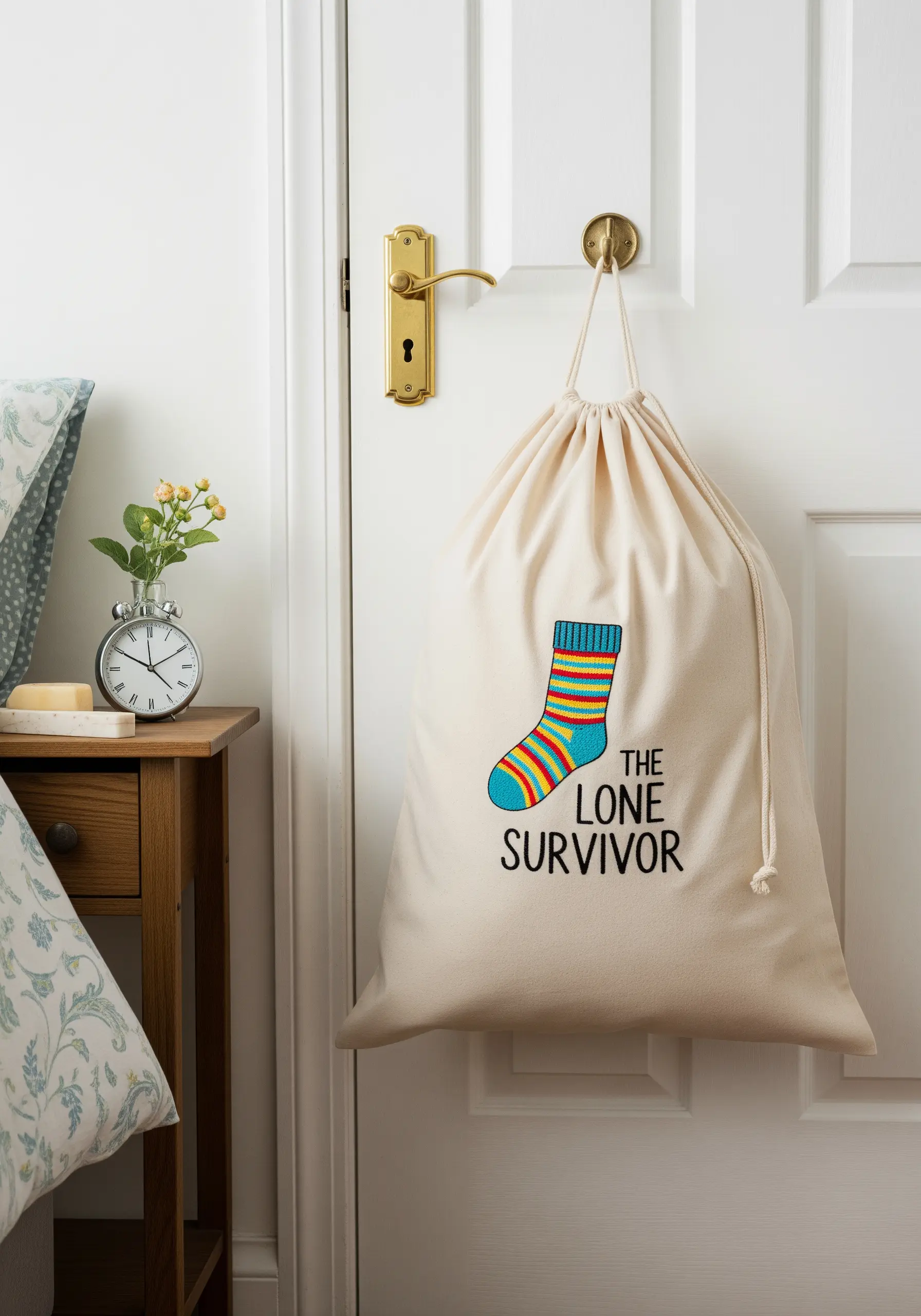 A canvas drawstring laundry bag with an embroidered colorful sock and the text 'THE LONE SURVIVOR'.