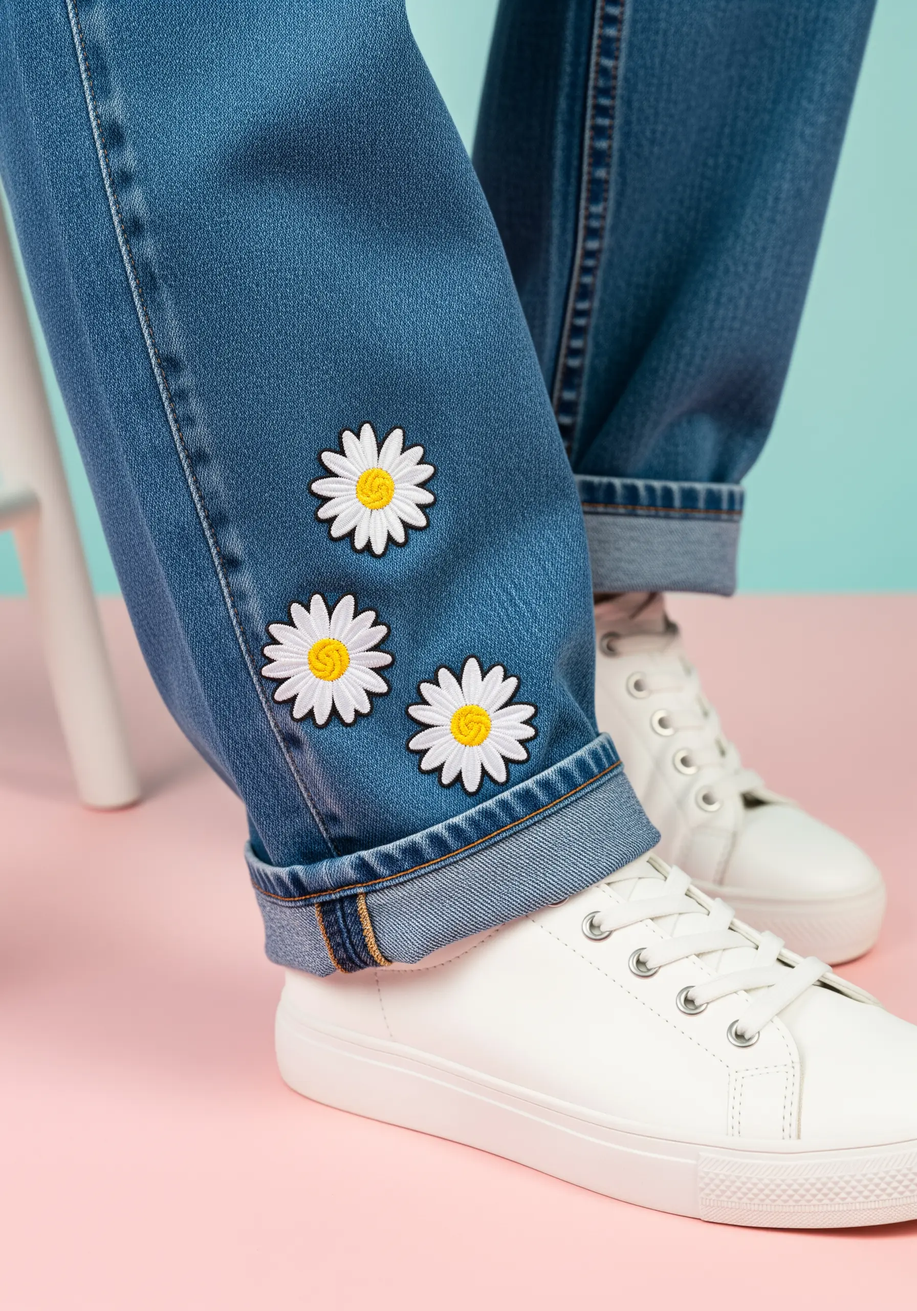 Three small, graphic daisy patches arranged in a line on the rolled cuff of blue jeans.