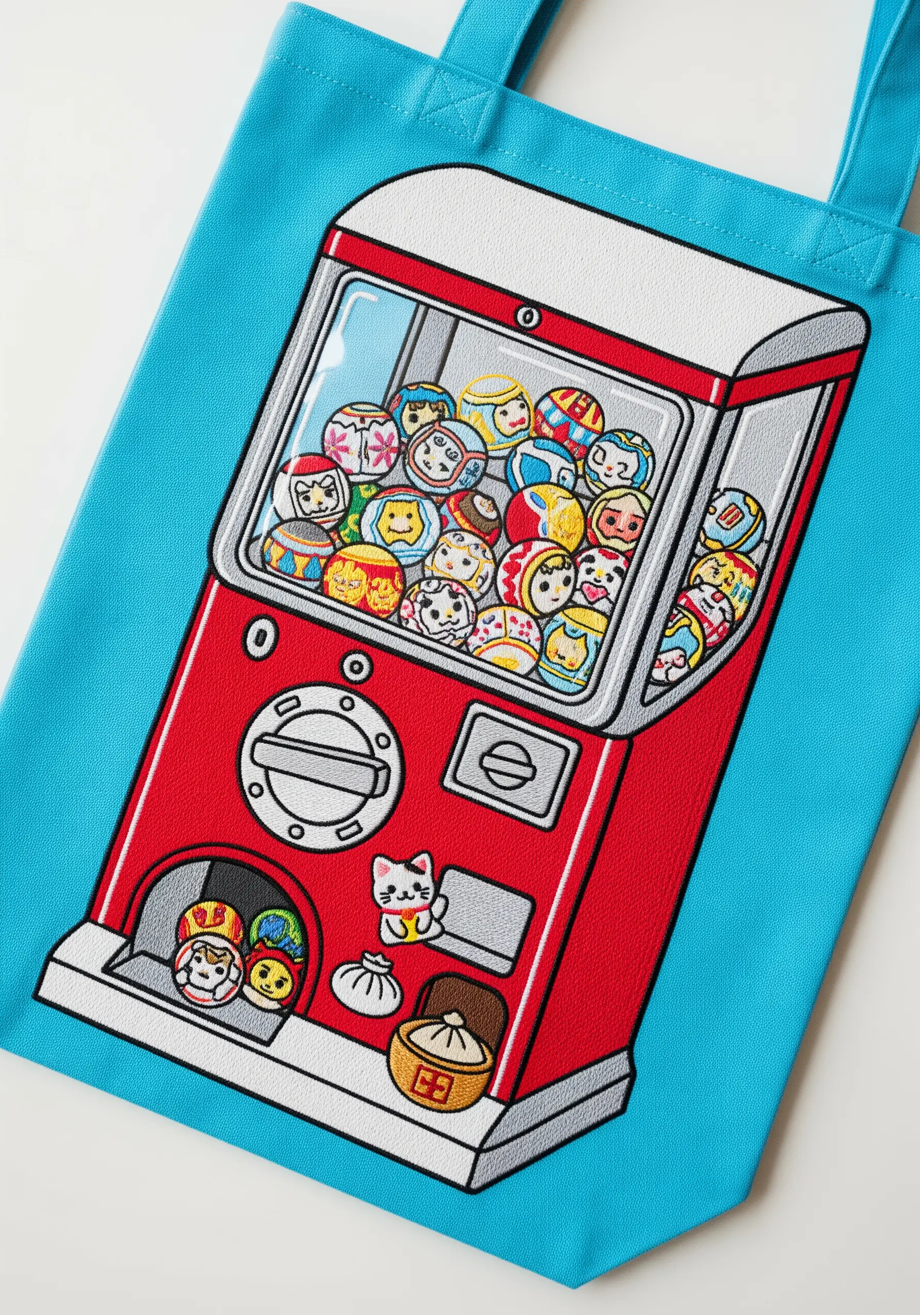 A colorful Japanese gashapon capsule toy machine embroidered on a bright blue tote bag.