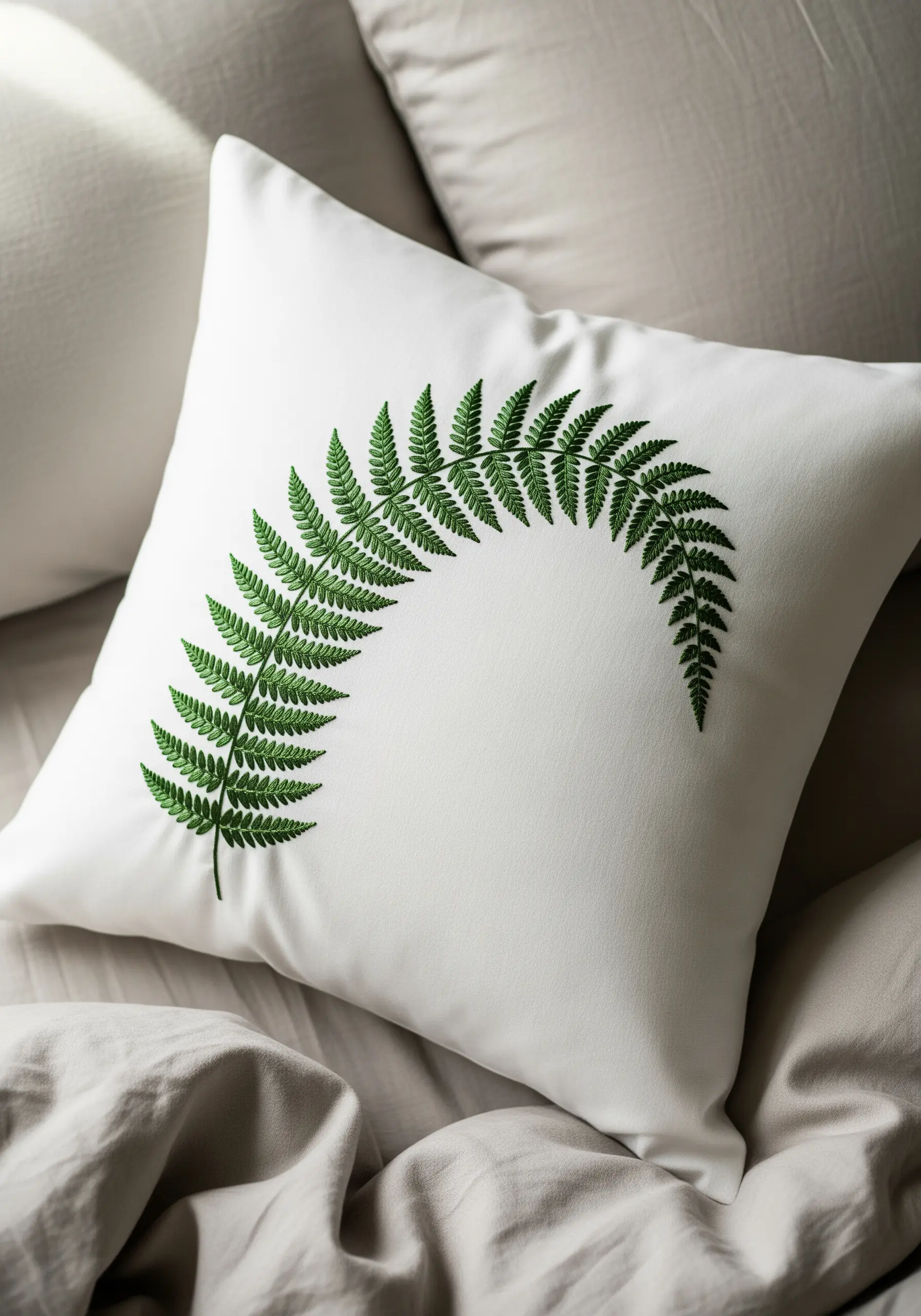 A detailed green fern frond embroidered in an elegant arch on a white throw pillow.