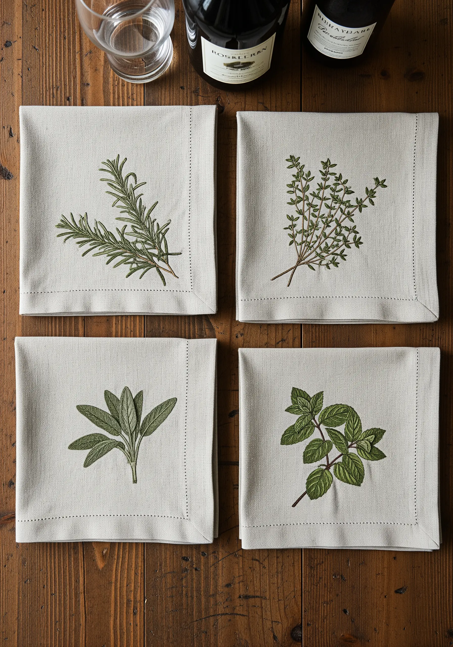 Four linen napkins, each embroidered with a different culinary herb: rosemary, thyme, sage, and mint.