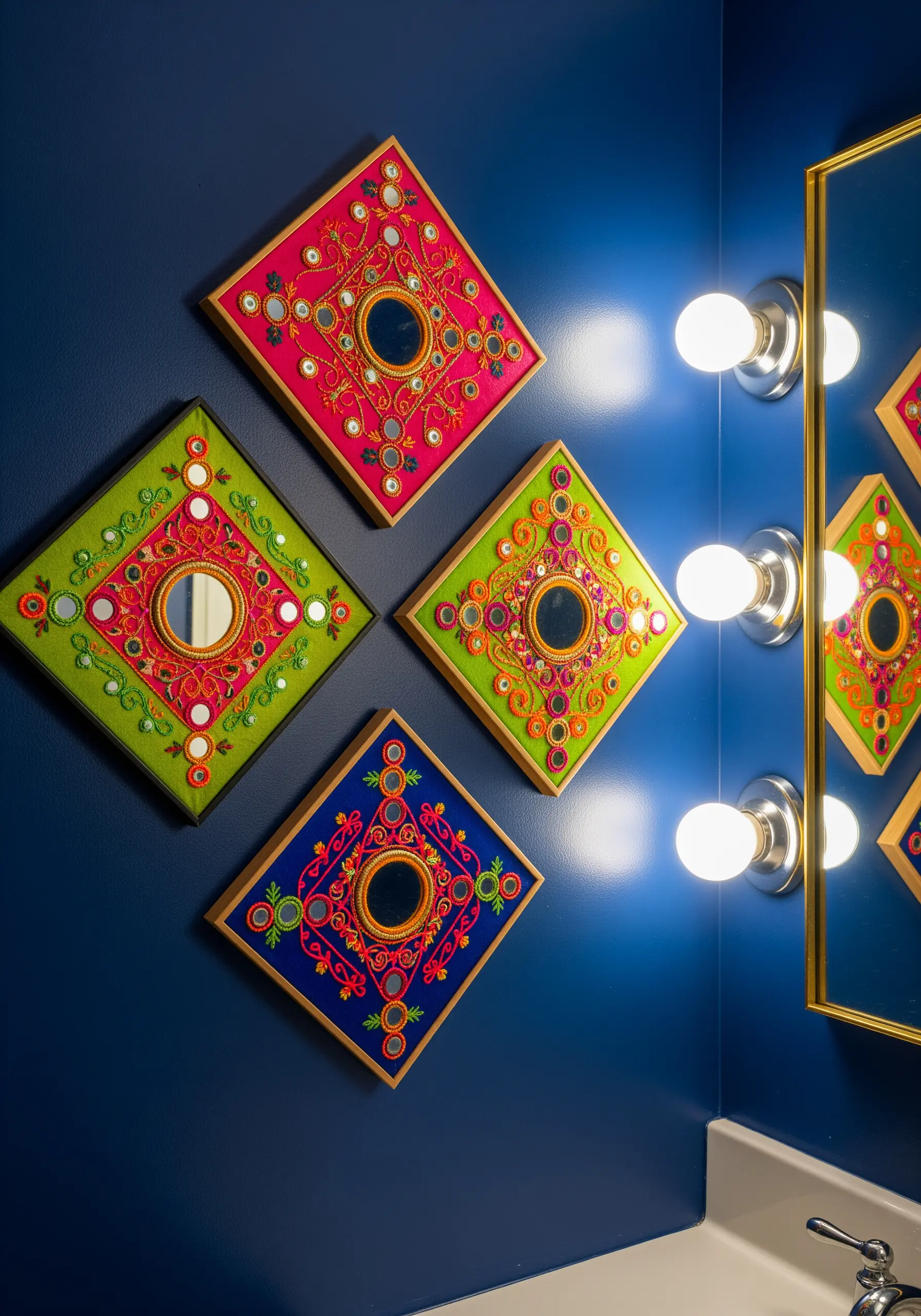 Four colorful framed pieces of Indian Shisha embroidery with mirrors on a dark blue wall.