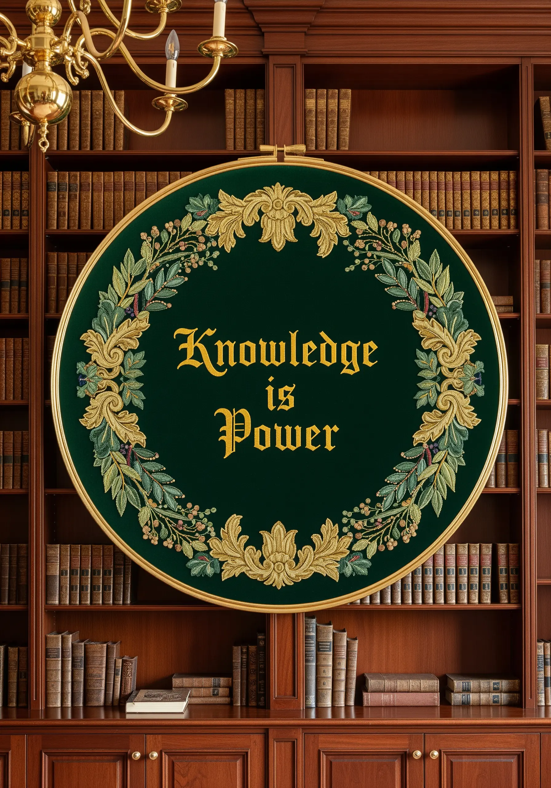 Ornate gold and green embroidery with acanthus leaves on dark green fabric.