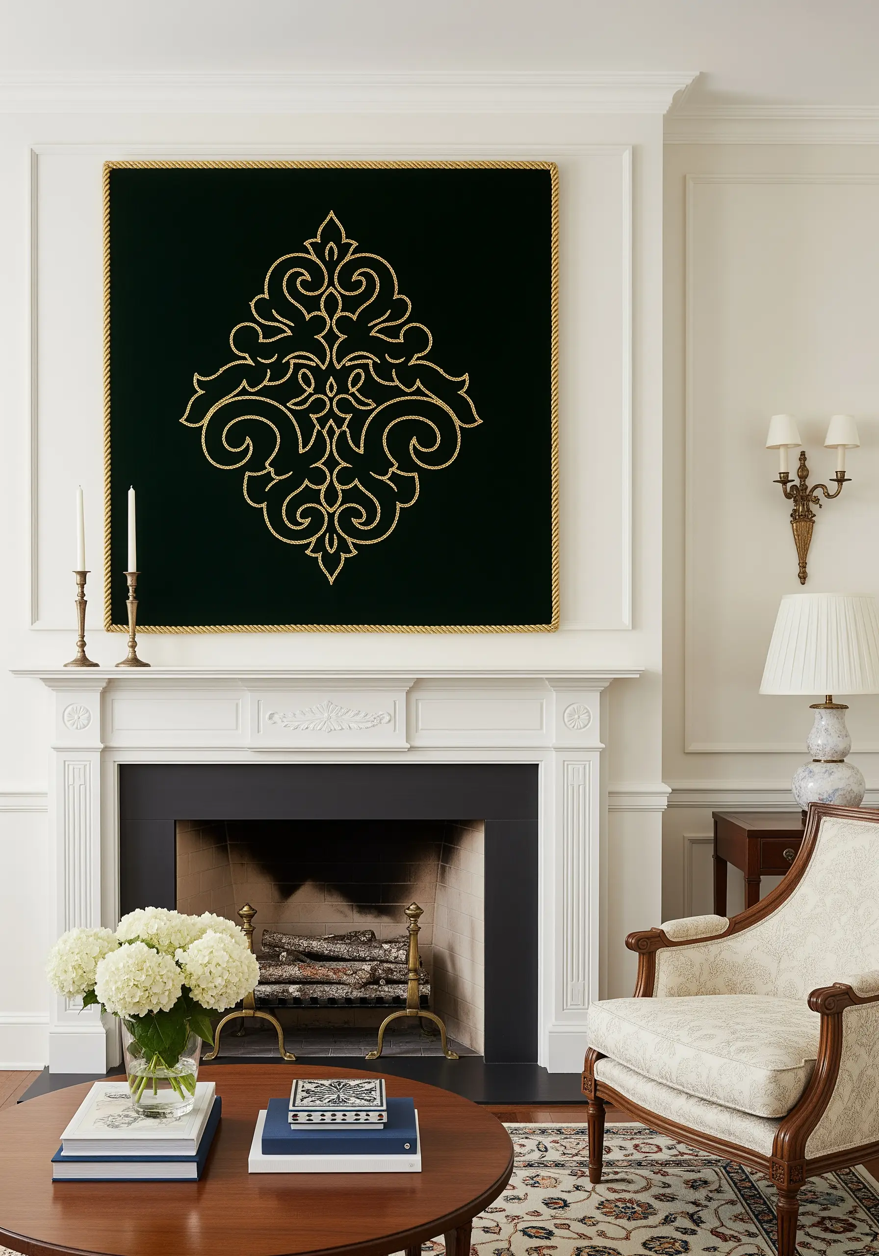 A large, framed damask pattern embroidered in gold thread on a dark green velvet background.