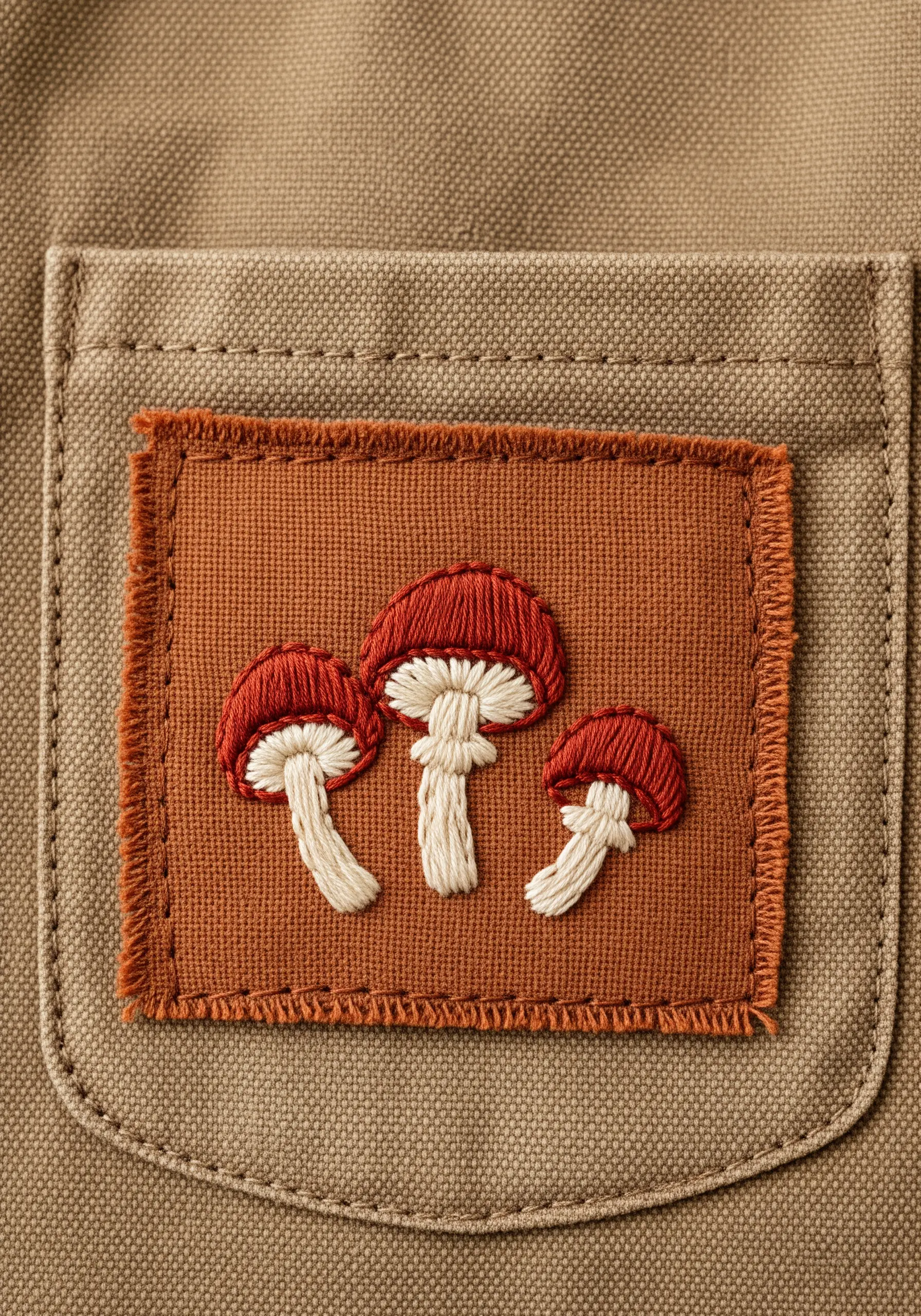 Three embroidered red-capped mushrooms on a frayed-edge canvas patch sewn onto a pocket.
