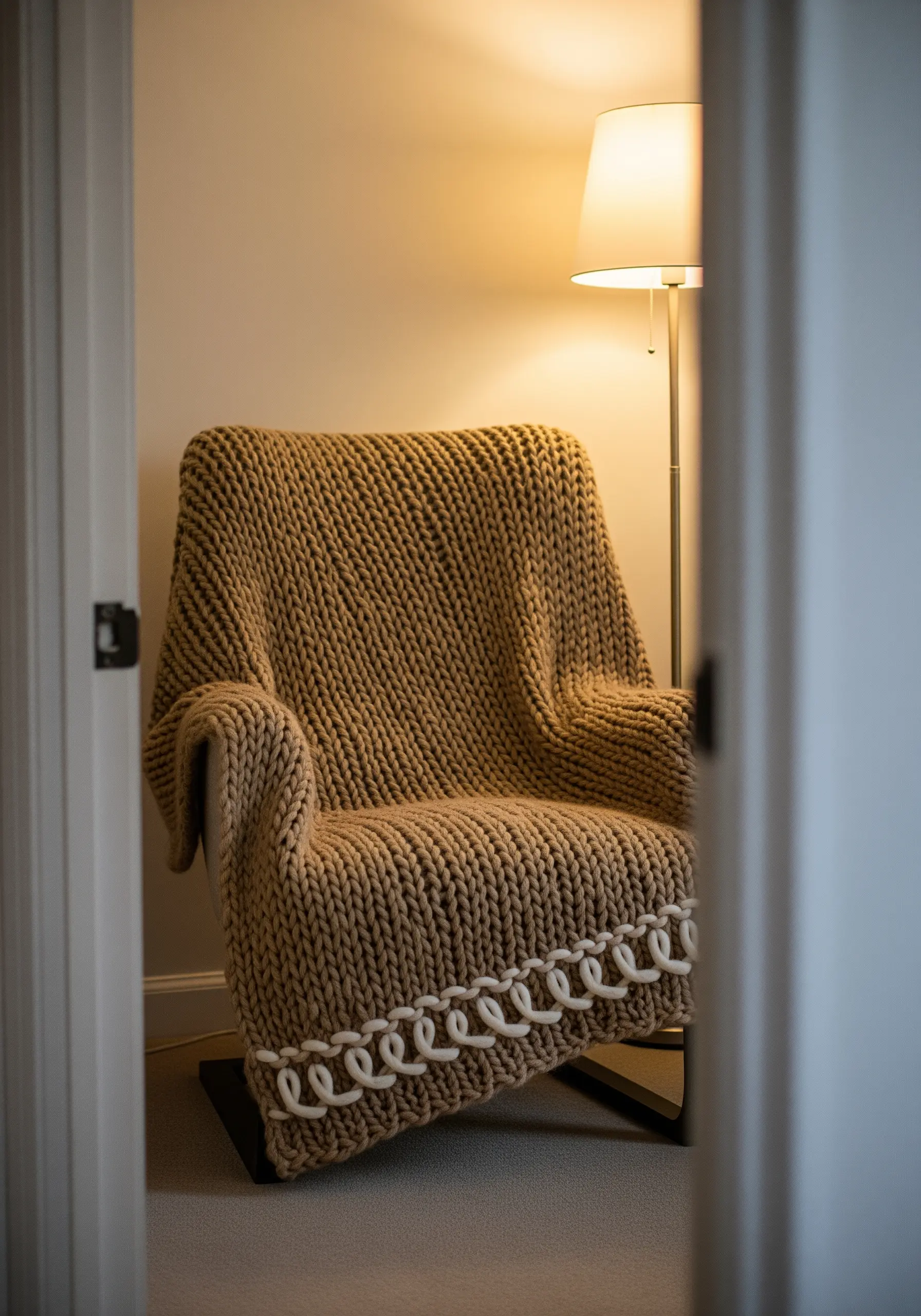 A chunky knit beige blanket with a thick, white cord couched along the bottom edge.